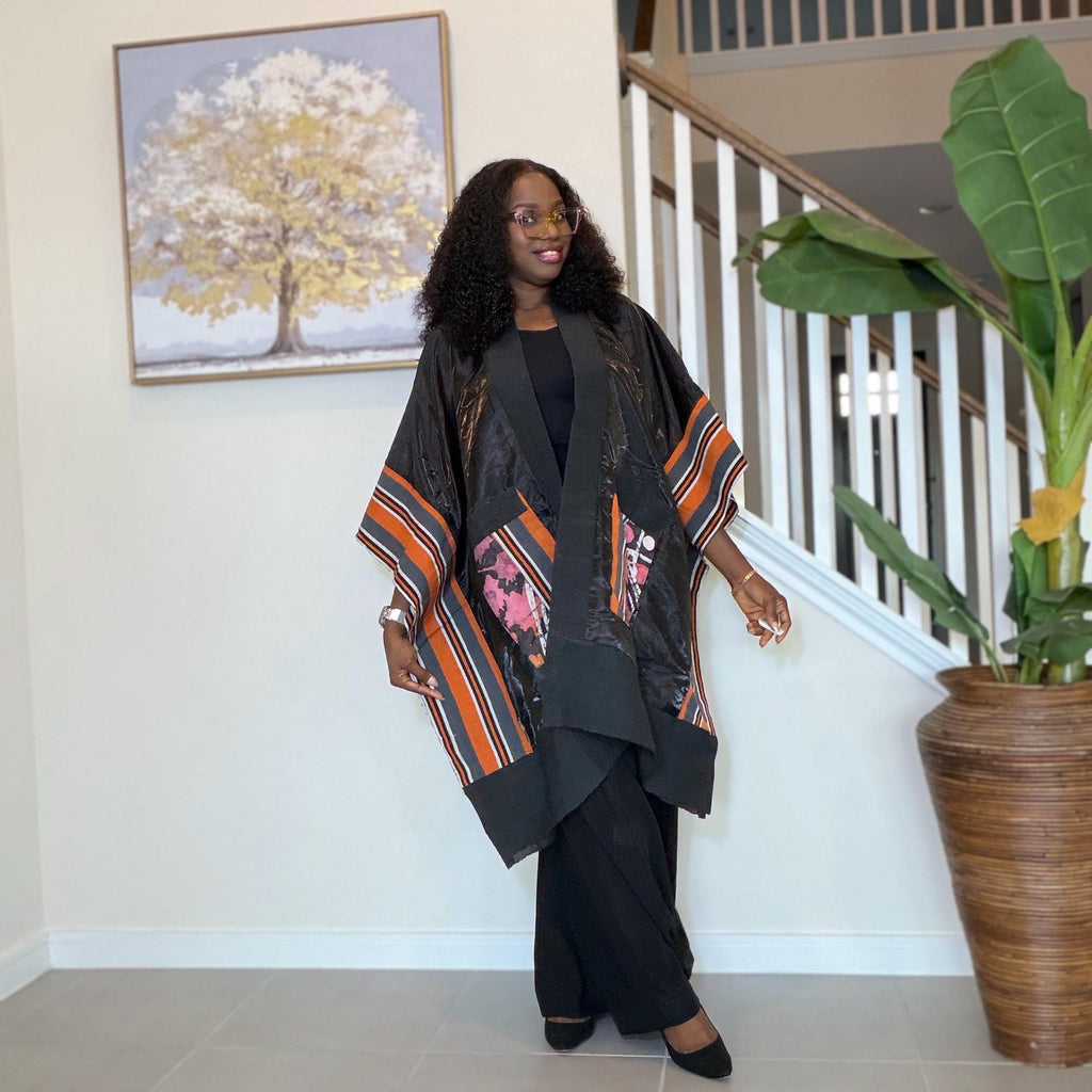 Handmade African Print Kimono: Adire Aso Oke Robe