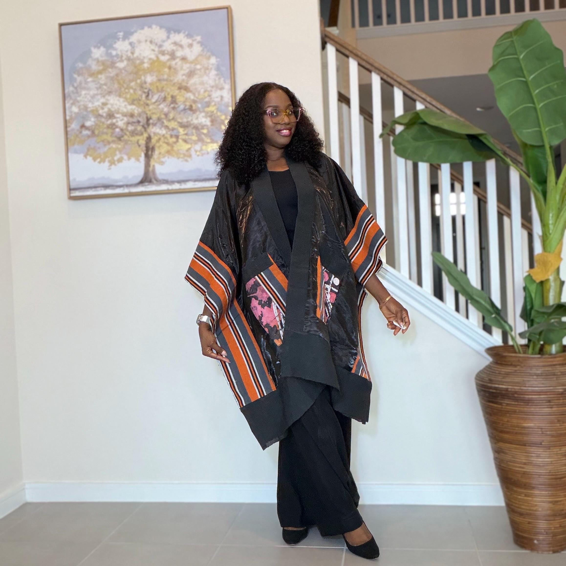 Handmade African Print Kimono: Adire Aso Oke Robe