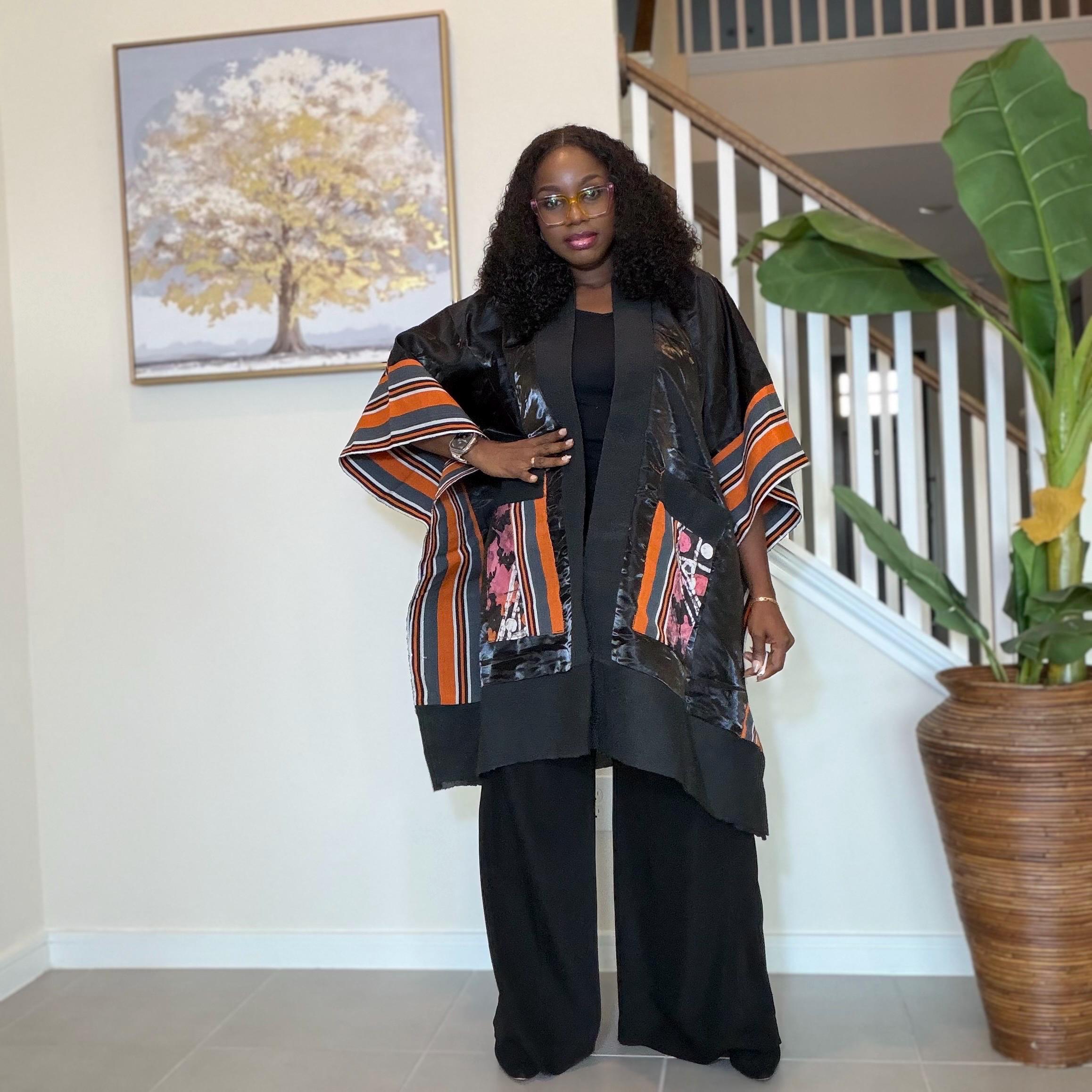 Handmade African Print Kimono: Adire Aso Oke Robe