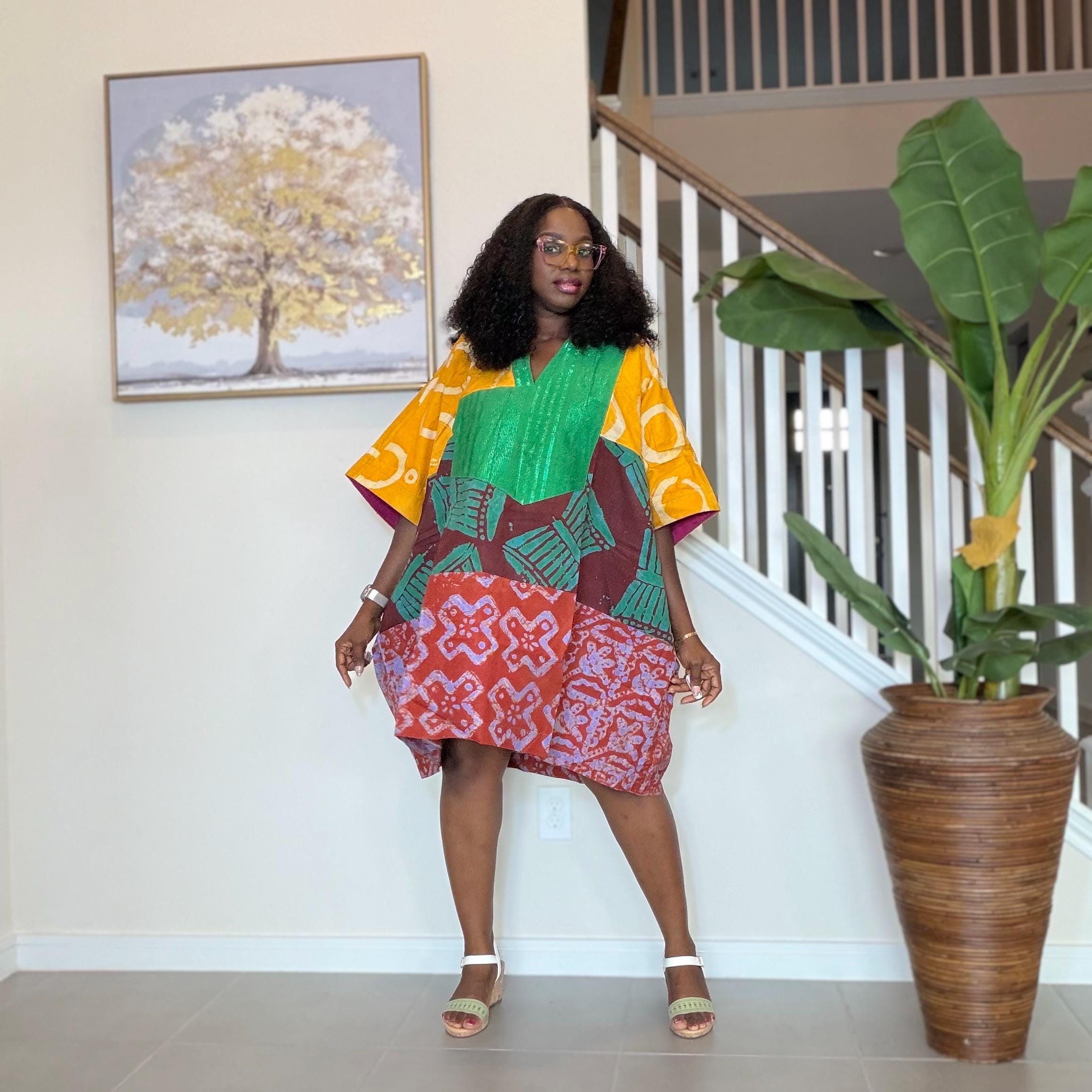 Patchwork Adire Dress: African Print Kaftan, Boho Summer Short Dress