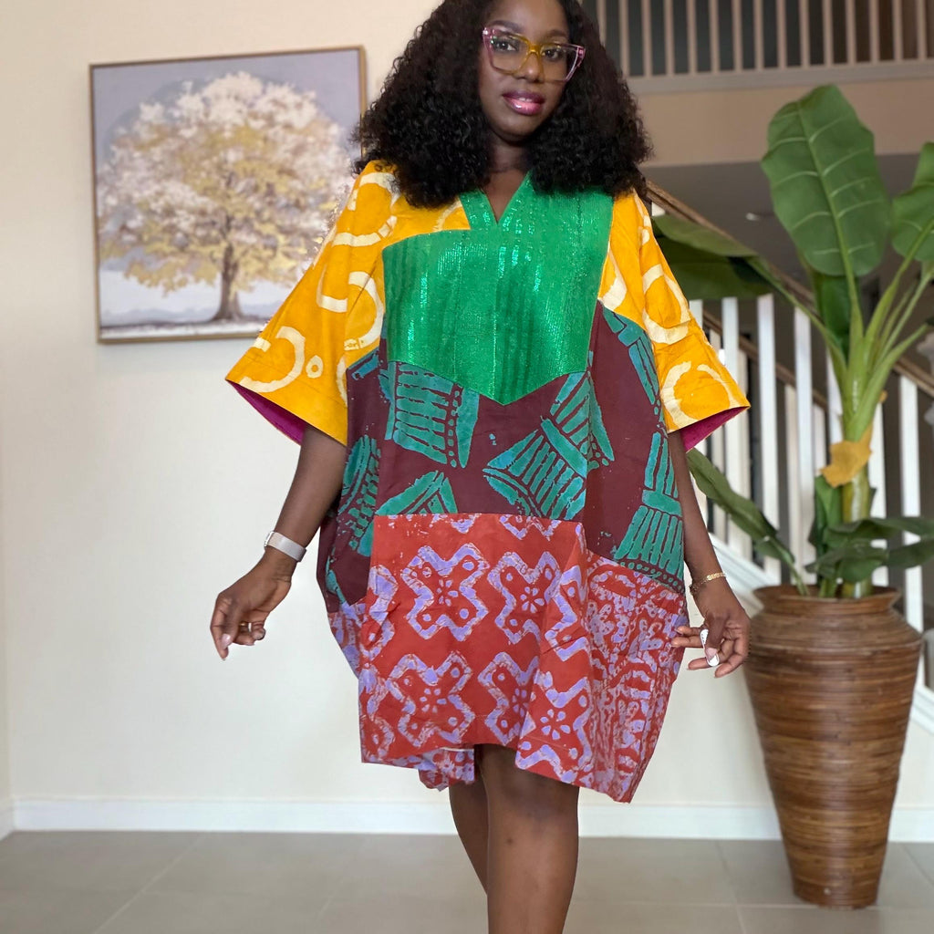 Patchwork Adire Dress: African Print Kaftan, Boho Summer Short Dress