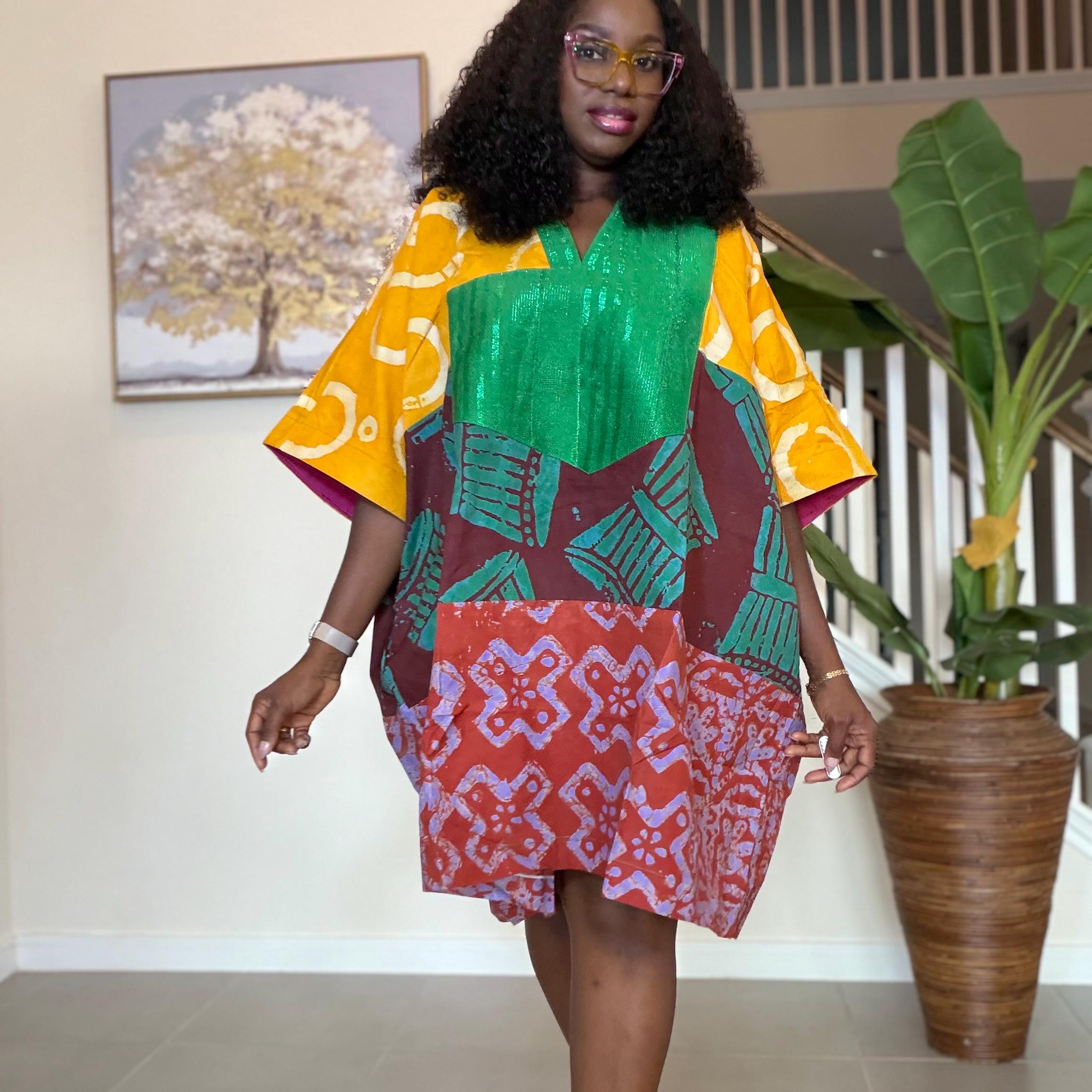Patchwork Adire Dress: African Print Kaftan, Boho Summer Short Dress