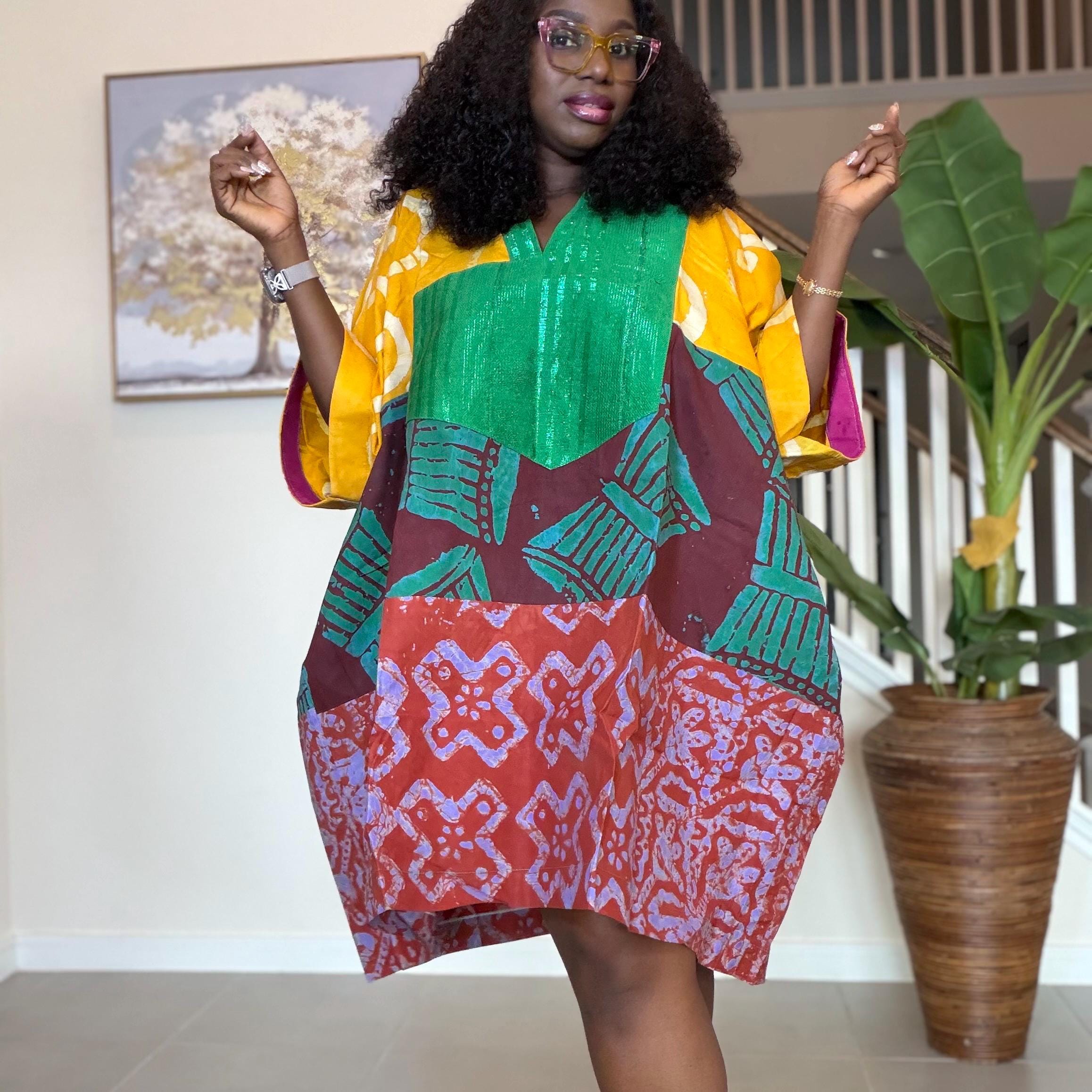 Patchwork Adire Dress: African Print Kaftan, Boho Summer Short Dress