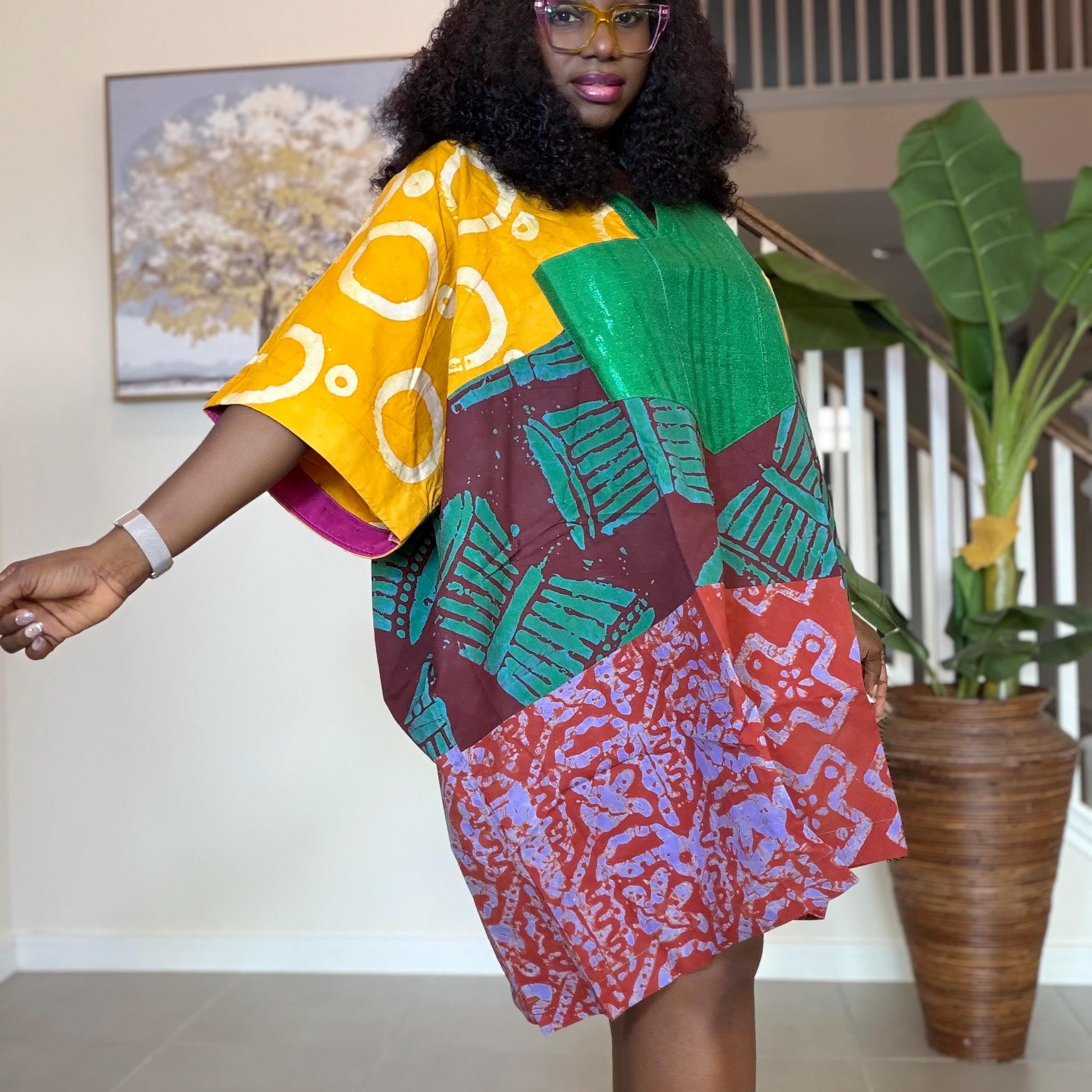 Patchwork Adire Dress: African Print Kaftan, Boho Summer Short Dress