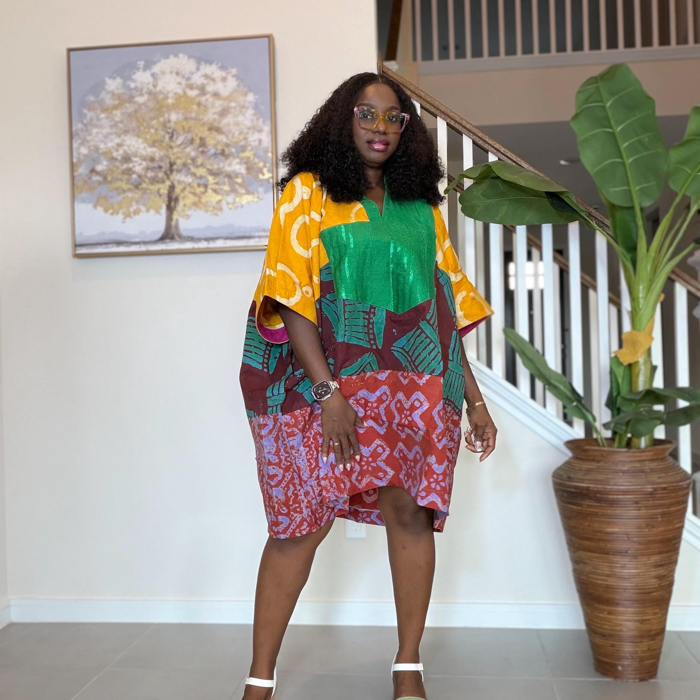 Patchwork Adire Dress: African Print Kaftan, Boho Summer Short Dress