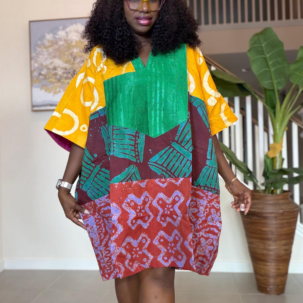Patchwork Adire Dress: African Print Kaftan, Boho Summer Short Dress