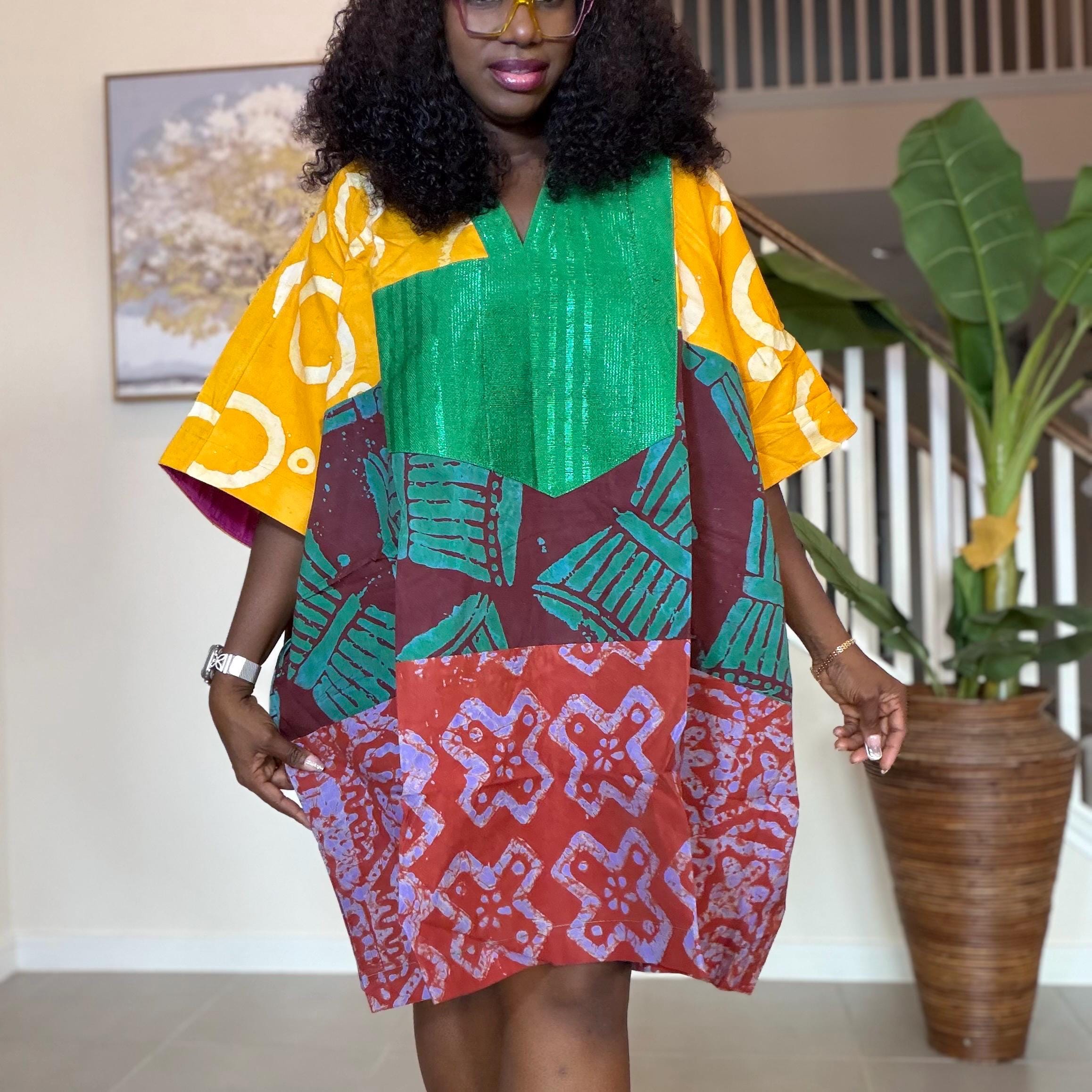 Patchwork Adire Dress: African Print Kaftan, Boho Summer Short Dress