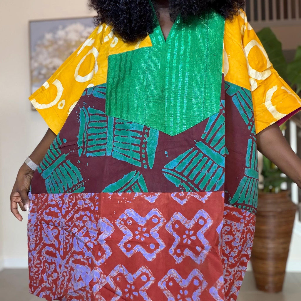 Patchwork Adire Dress: African Print Kaftan, Boho Summer Short Dress
