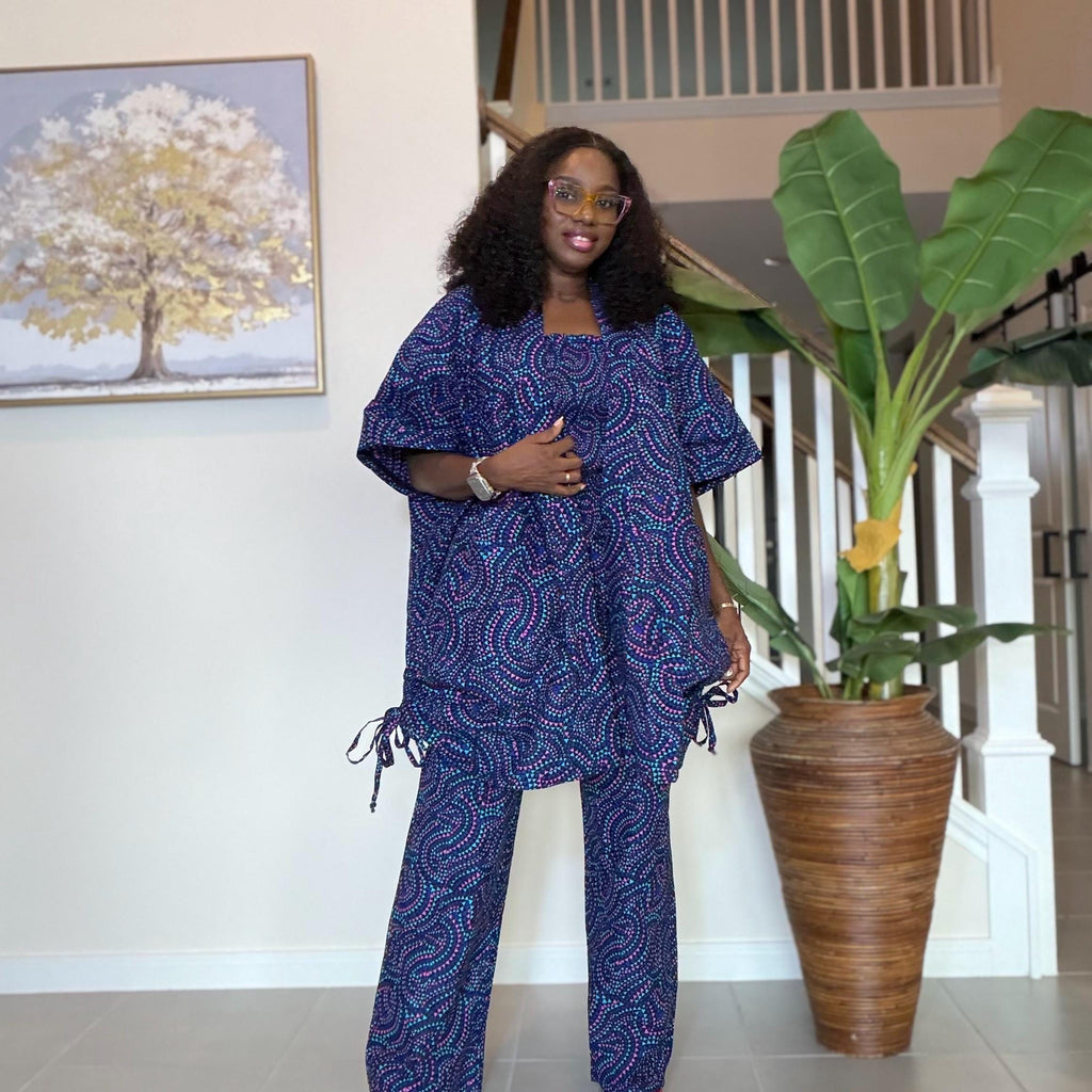Ankara Pants Set | Blue Tribal Kimono Jacket, Top & Trousers