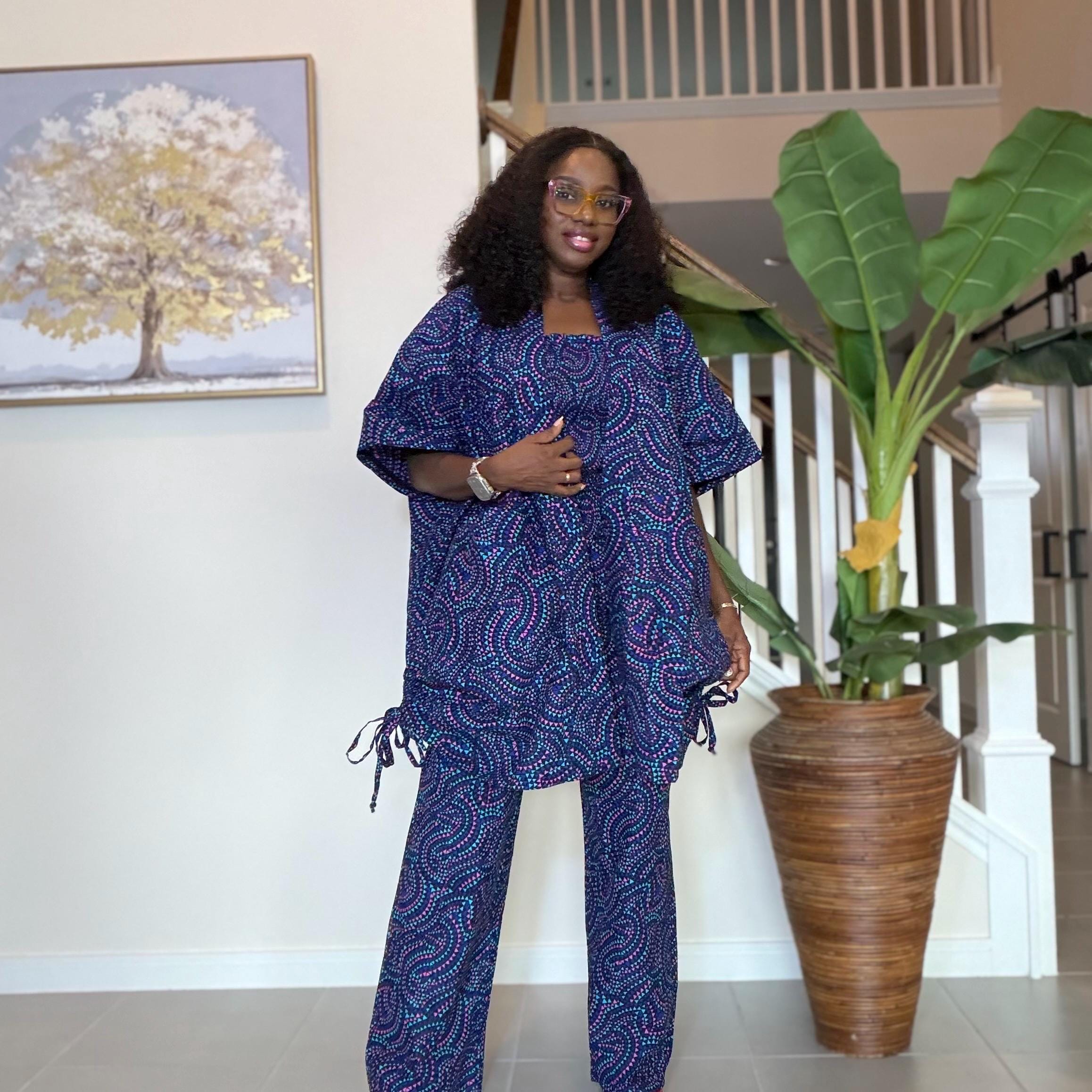 Ankara Pants Set | Blue Tribal Kimono Jacket, Top & Trousers