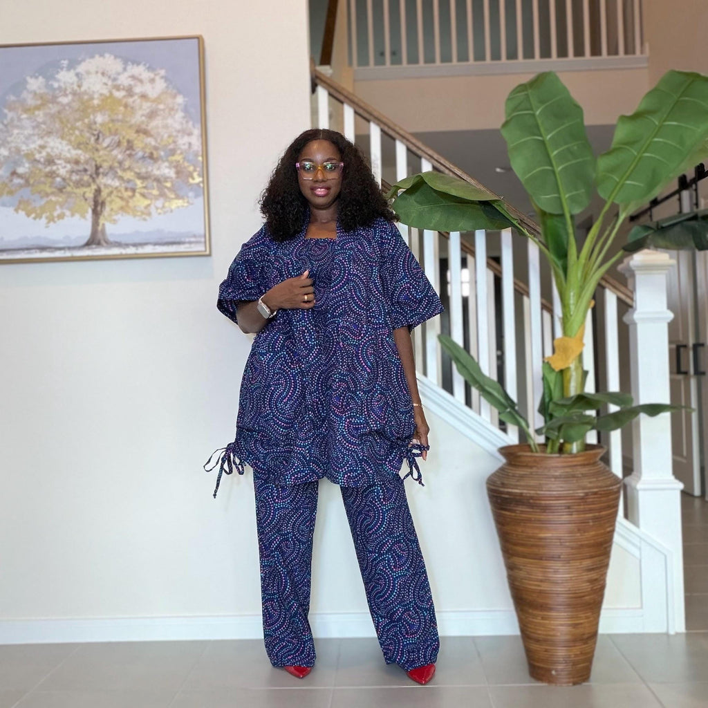Ankara Pants Set | Blue Tribal Kimono Jacket, Top & Trousers