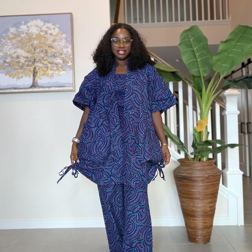 Ankara Pants Set | Blue Tribal Kimono Jacket, Top & Trousers