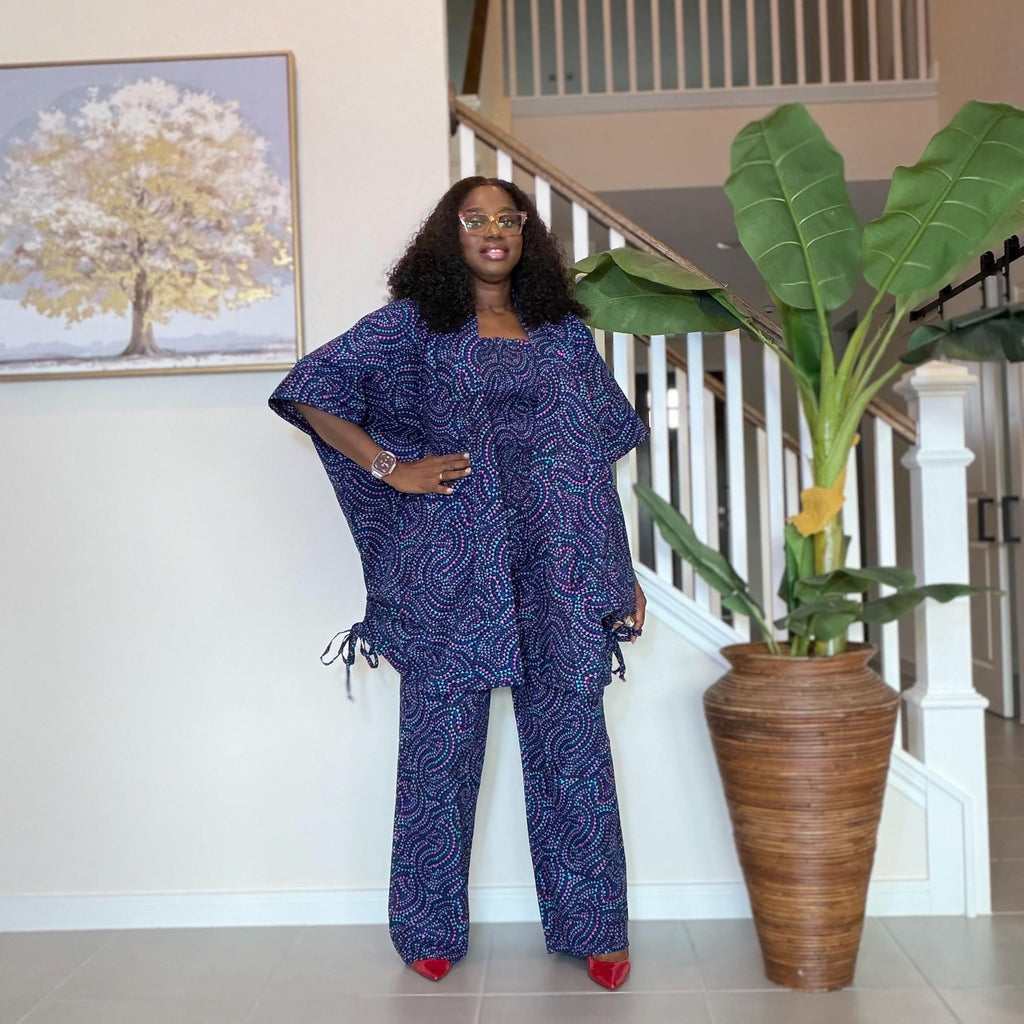 Ankara Pants Set | Blue Tribal Kimono Jacket, Top & Trousers