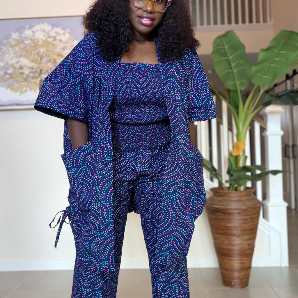 Ankara Pants Set | Blue Tribal Kimono Jacket, Top & Trousers