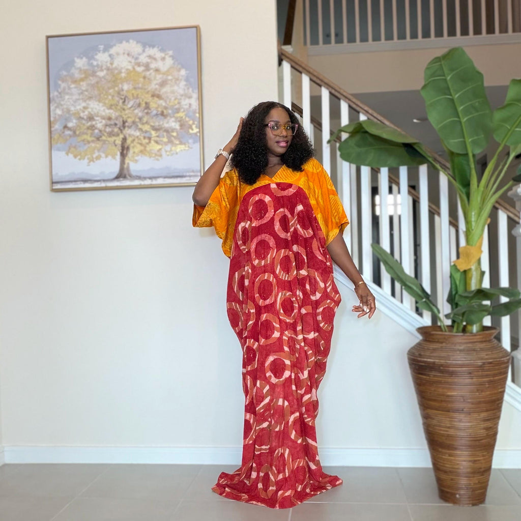 African Kaftan Dress, Red Yellow Adire Batik, Loose Boubou Gown