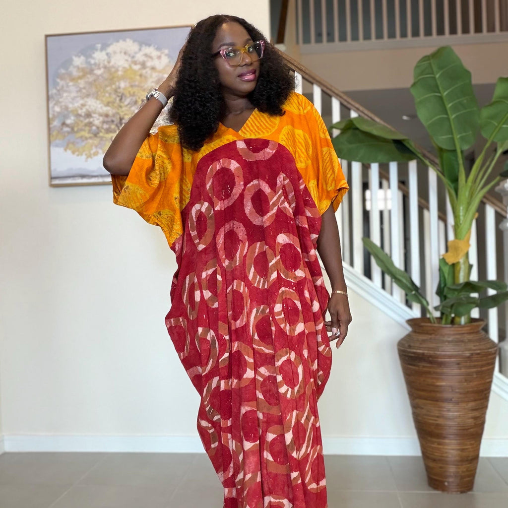 African Kaftan Dress, Red Yellow Adire Batik, Loose Boubou Gown