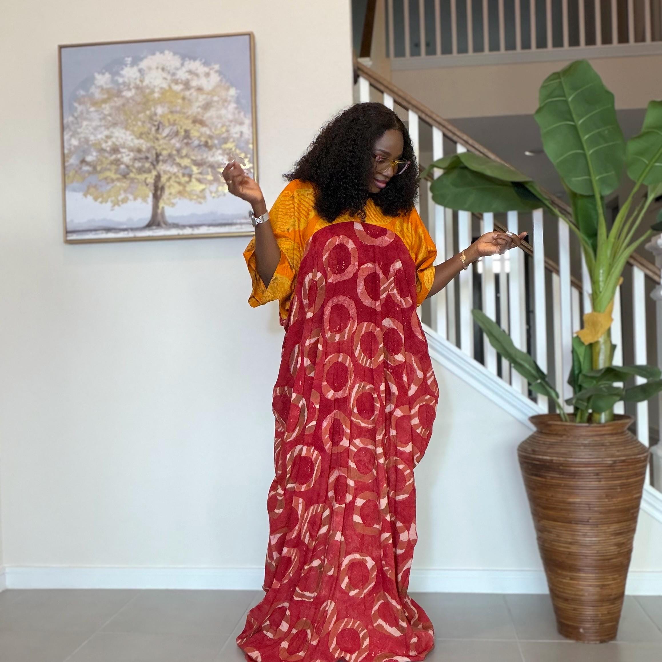 African Kaftan Dress, Red Yellow Adire Batik, Loose Boubou Gown