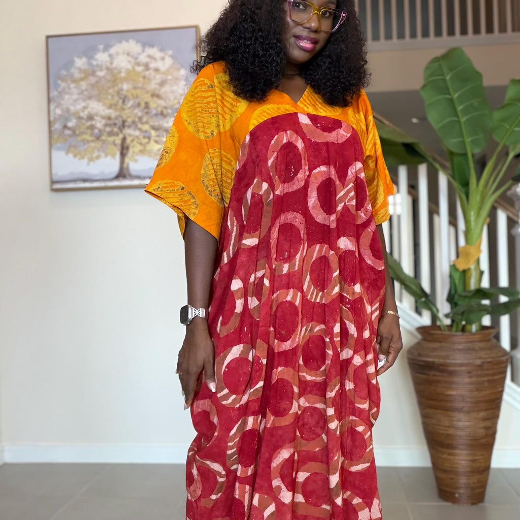 African Kaftan Dress, Red Yellow Adire Batik, Loose Boubou Gown