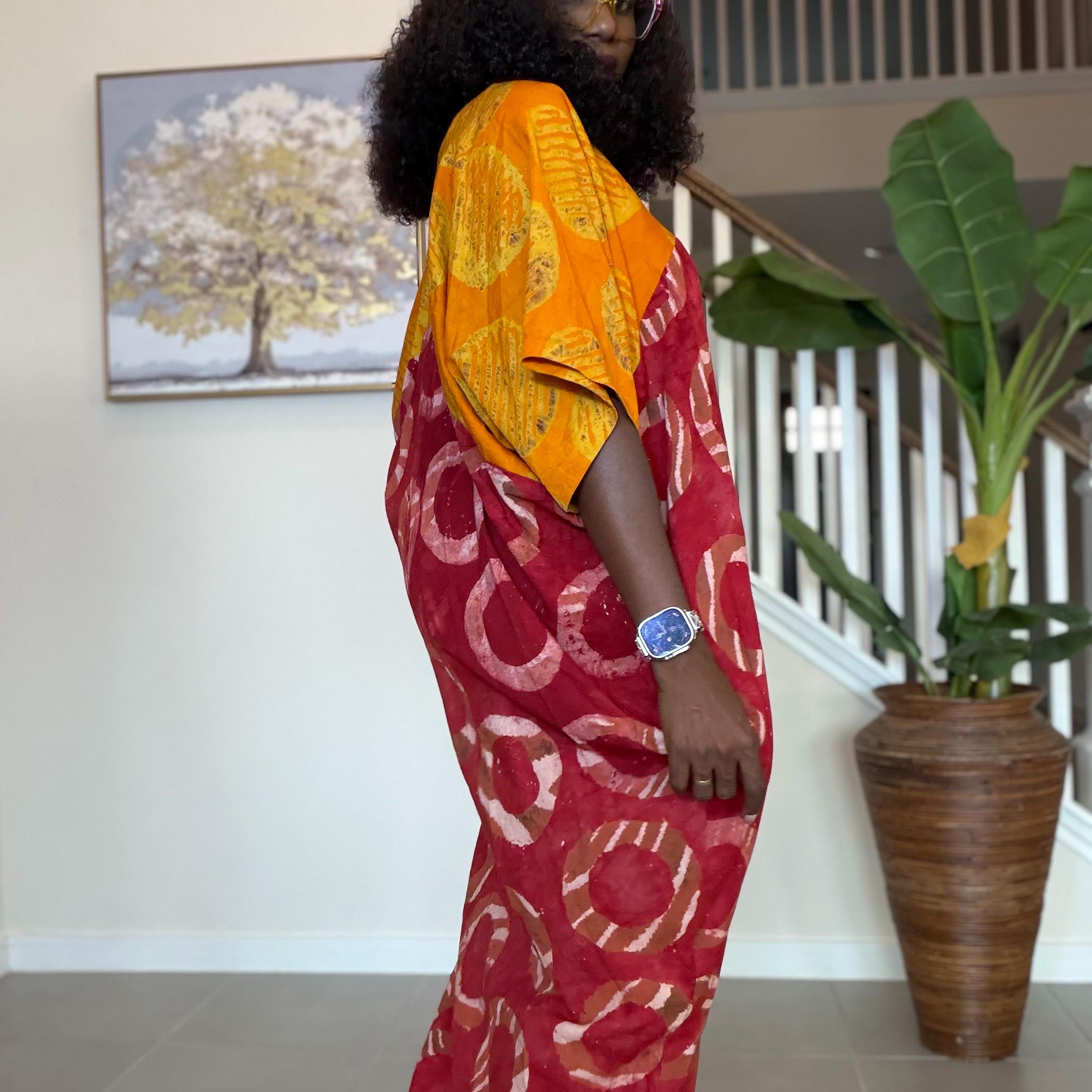 African Kaftan Dress, Red Yellow Adire Batik, Loose Boubou Gown