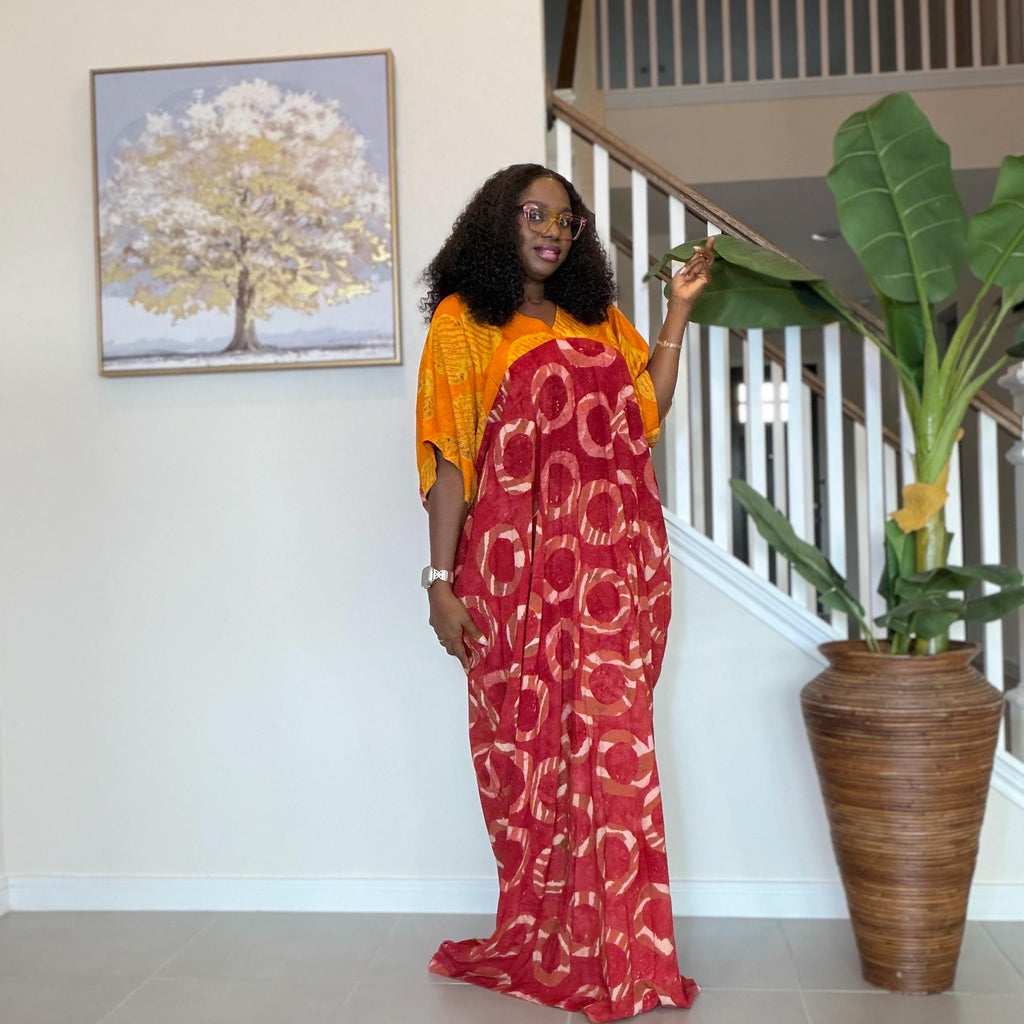 African Kaftan Dress, Red Yellow Adire Batik, Loose Boubou Gown