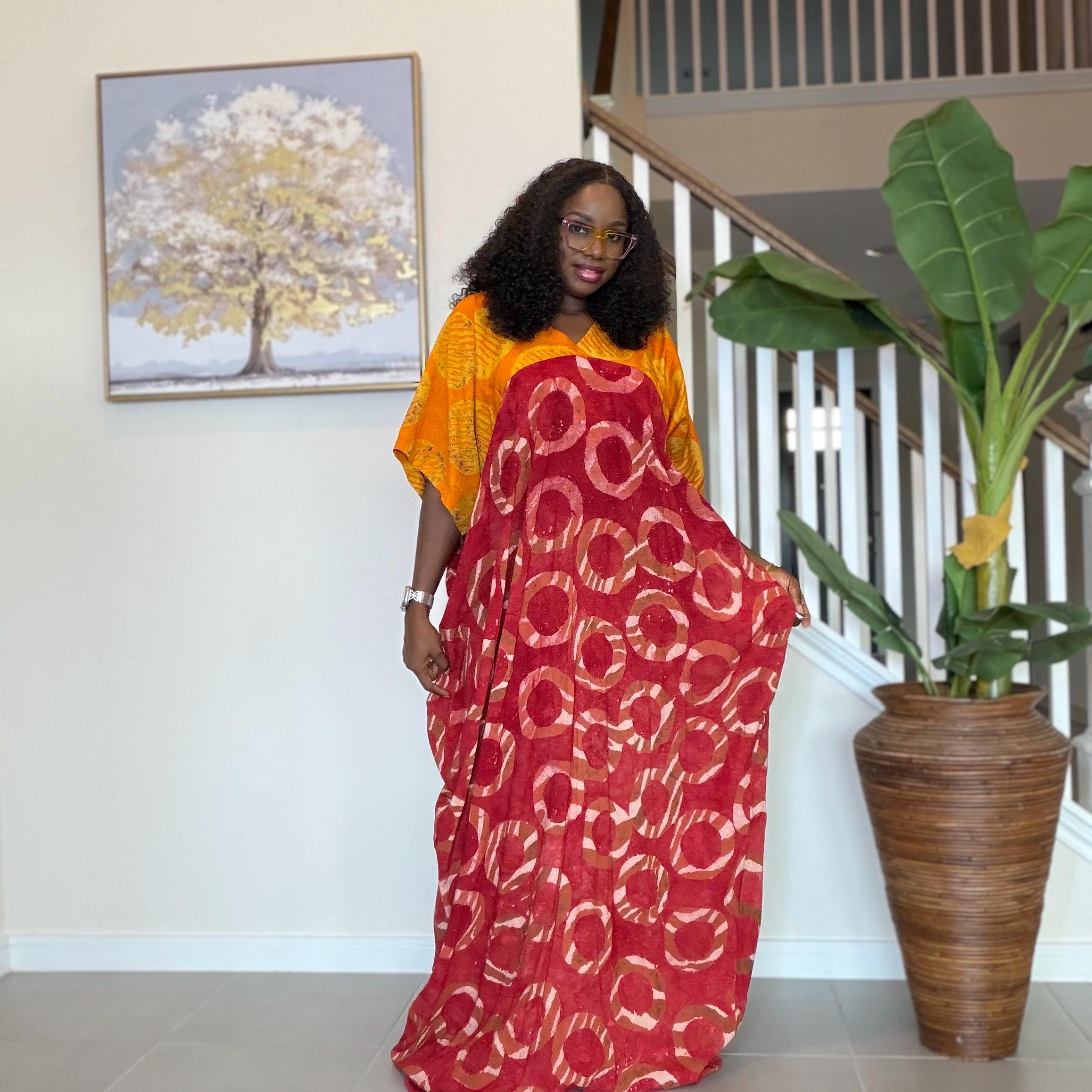 African Kaftan Dress, Red Yellow Adire Batik, Loose Boubou Gown