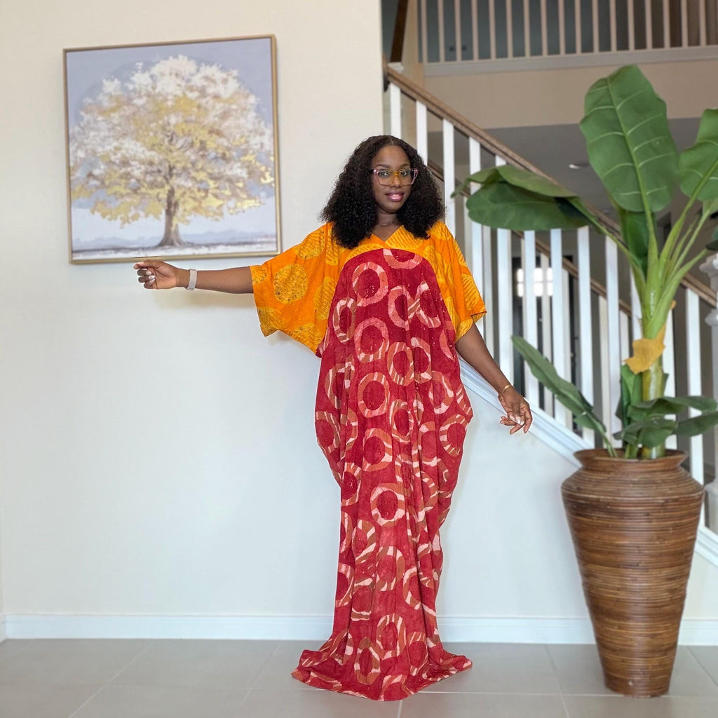 African Kaftan Dress, Red Yellow Adire Batik, Loose Boubou Gown