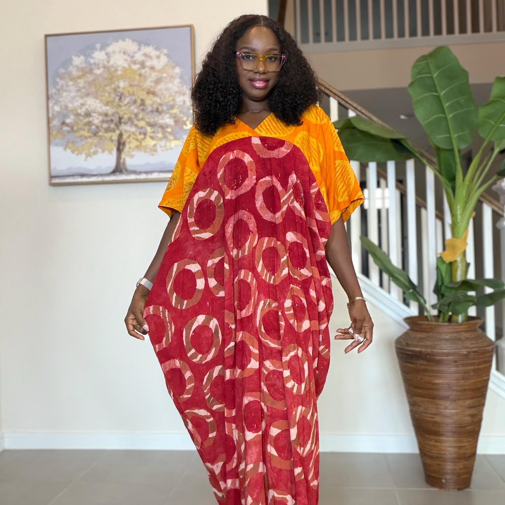 African Kaftan Dress, Red Yellow Adire Batik, Loose Boubou Gown