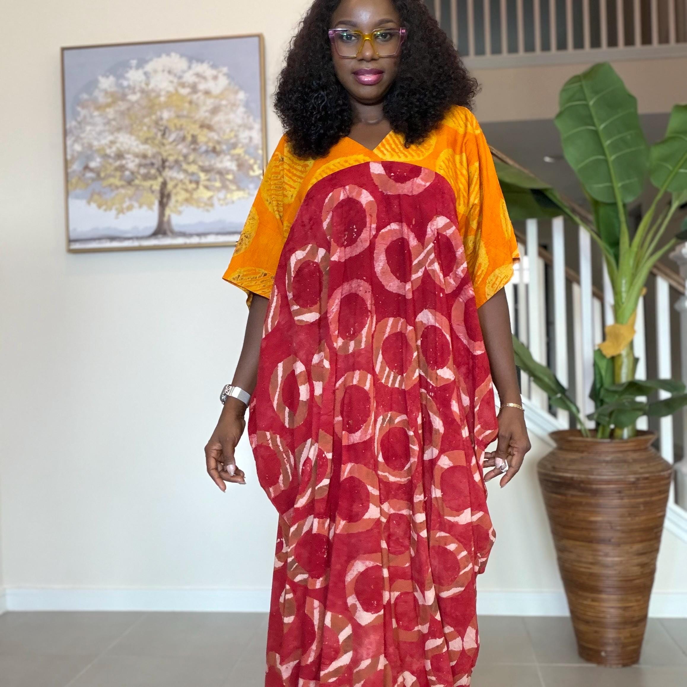 African Kaftan Dress, Red Yellow Adire Batik, Loose Boubou Gown