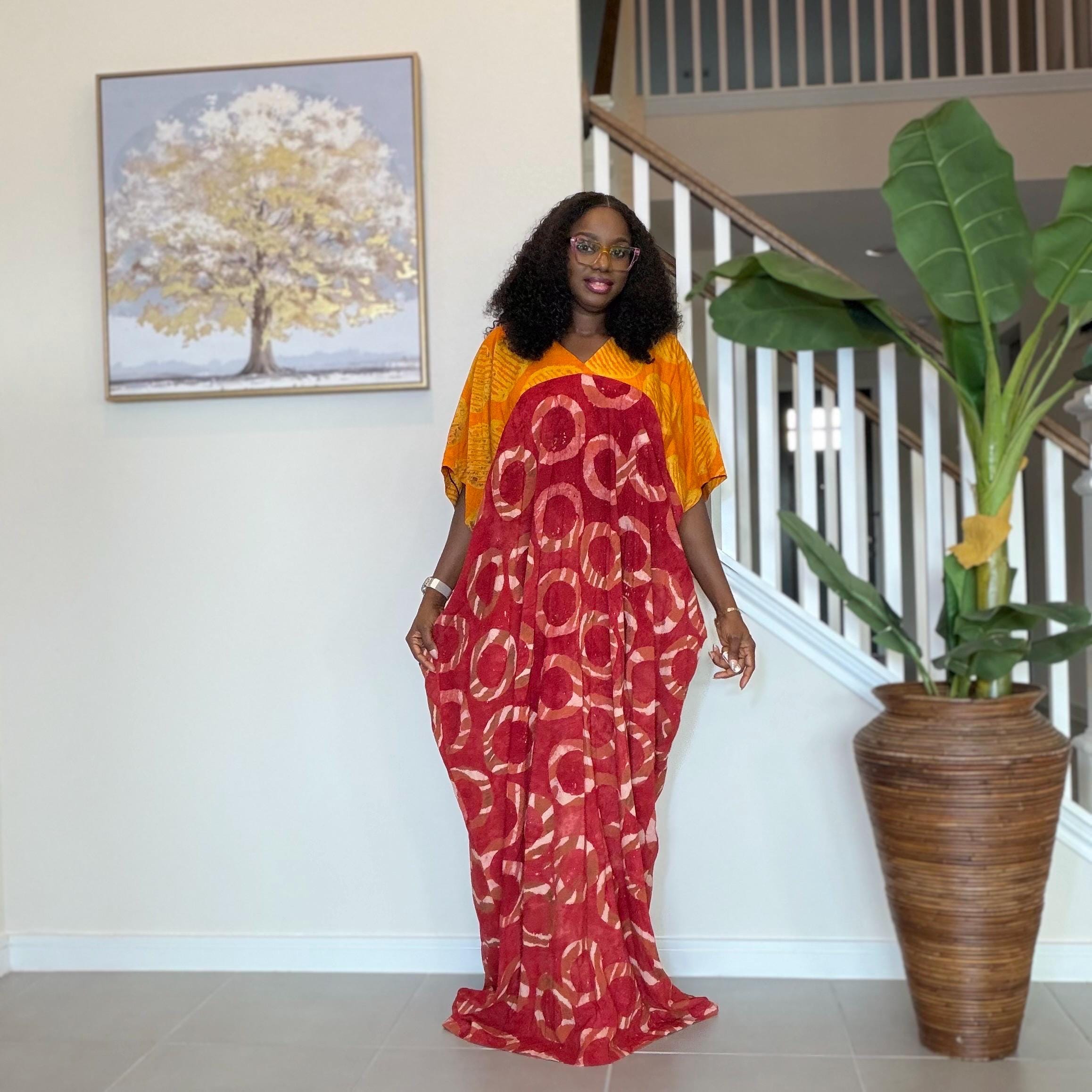 African Kaftan Dress, Red Yellow Adire Batik, Loose Boubou Gown