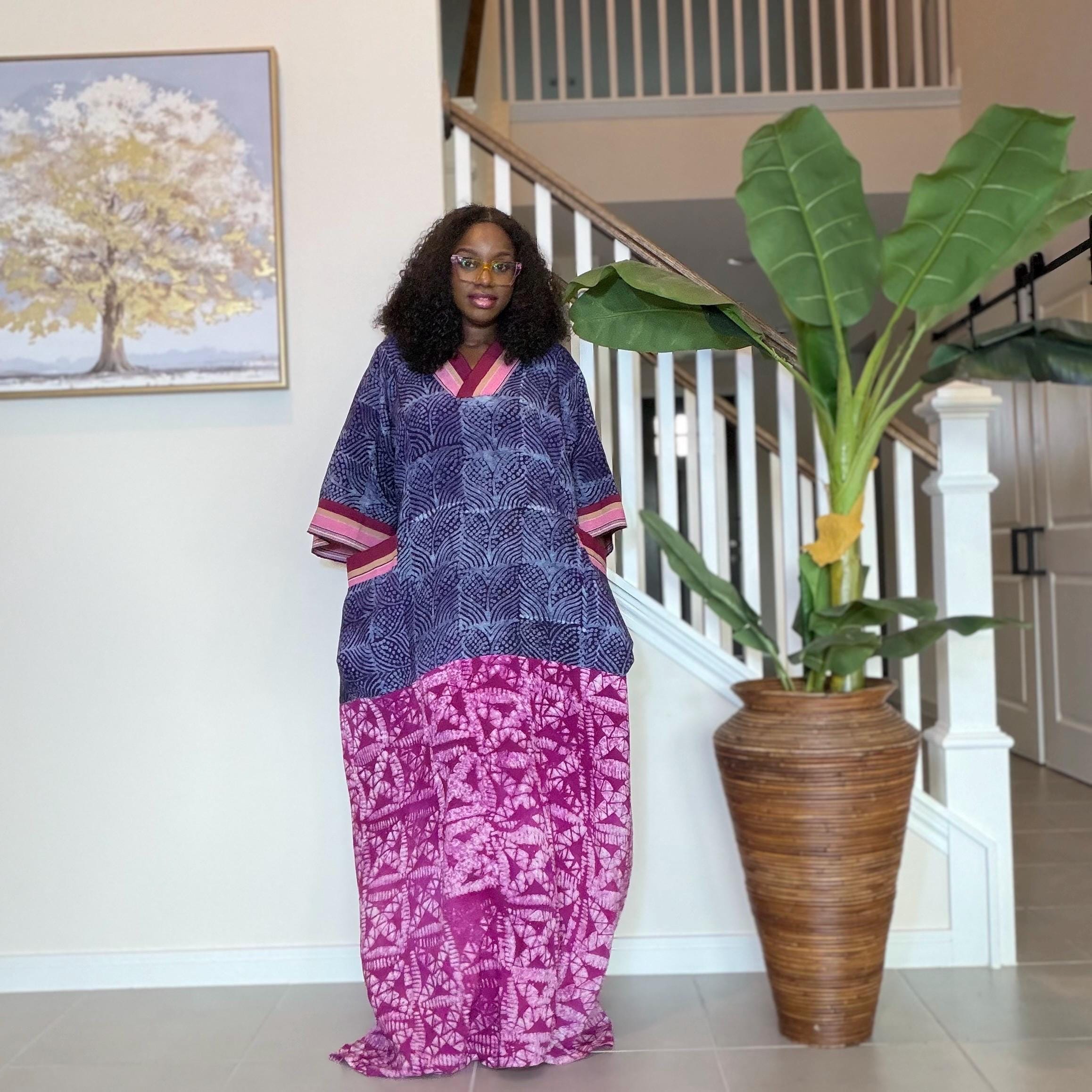 Handmade Adire Maxi Dress, Nigerian Tie Dye Kaftan, Boho African Clothing