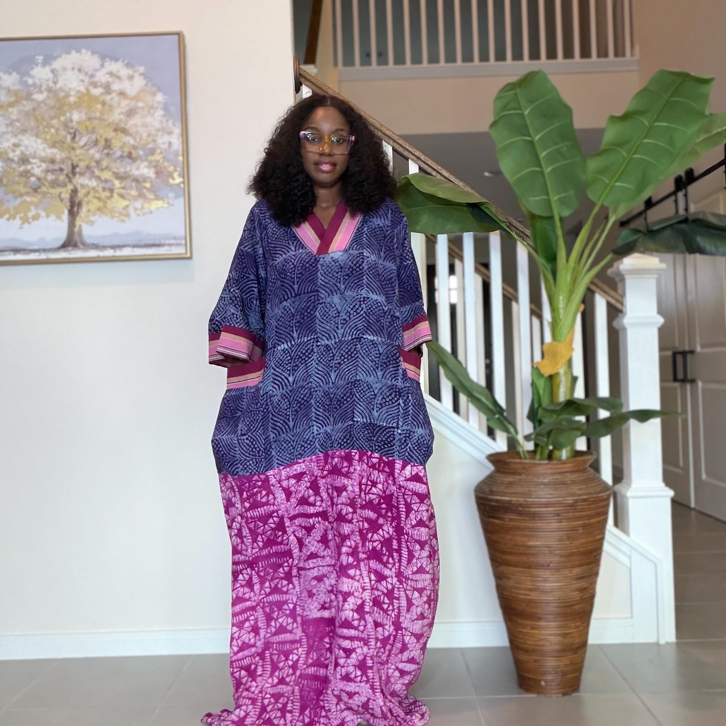 Handmade Adire Maxi Dress, Nigerian Tie Dye Kaftan, Boho African Clothing