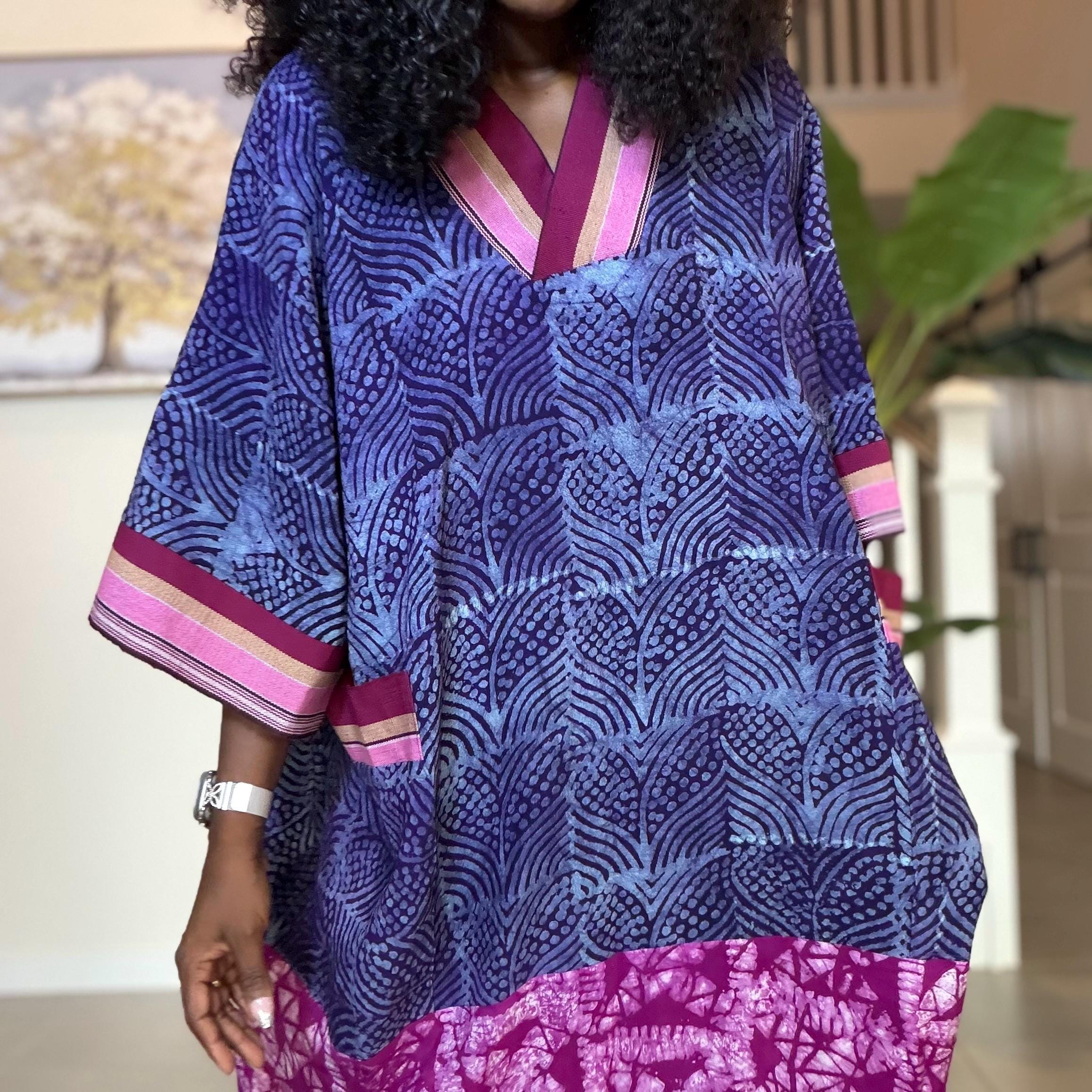 Handmade Adire Maxi Dress, Nigerian Tie Dye Kaftan, Boho African Clothing