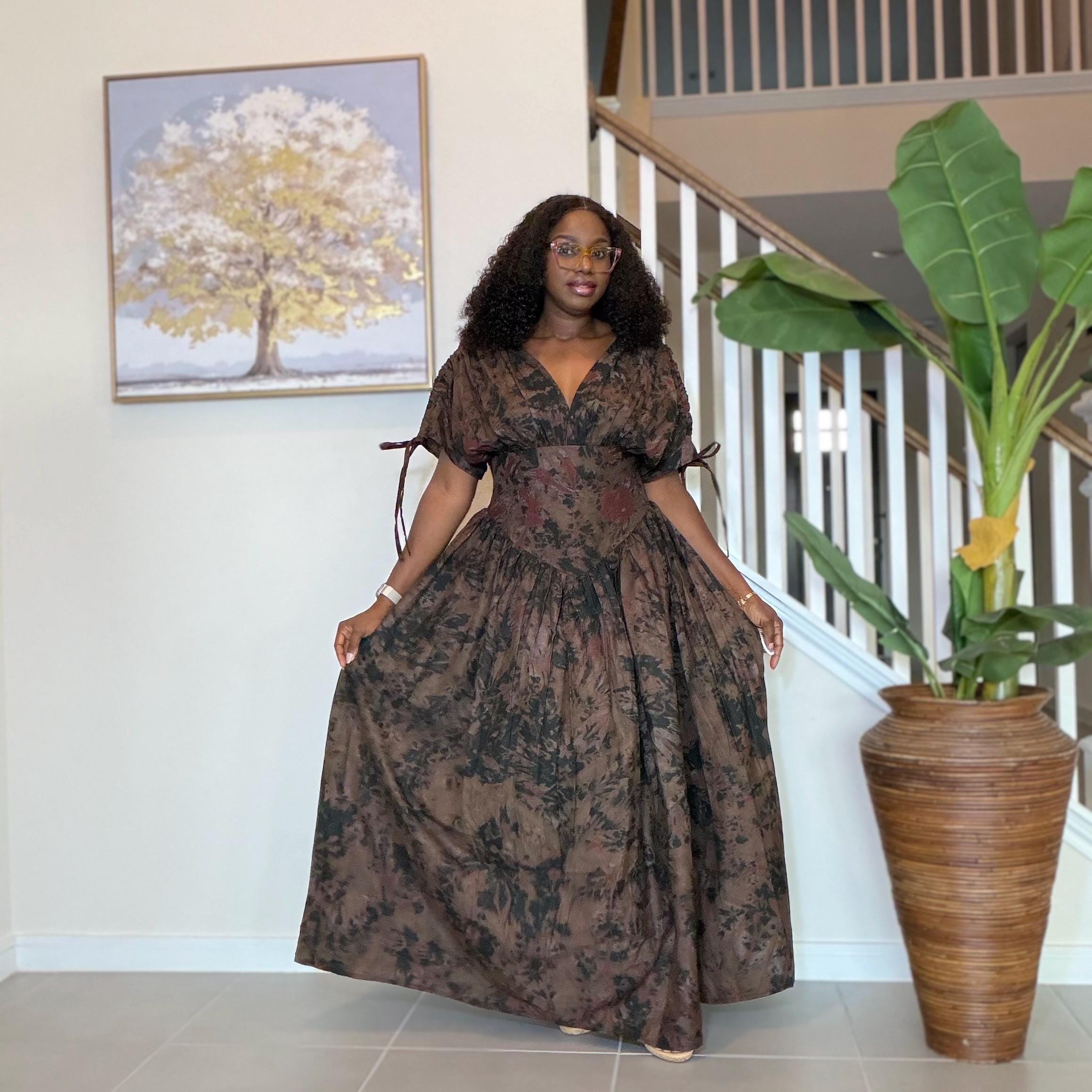 Handmade African Maxi Dress: Brown Tie-Dye Adire Gown