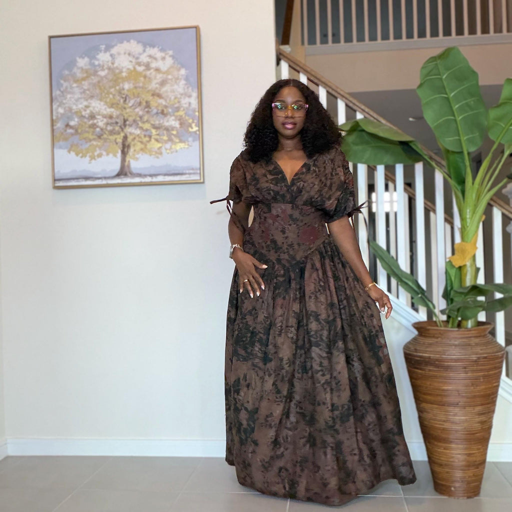 Handmade African Maxi Dress: Brown Tie-Dye Adire Gown