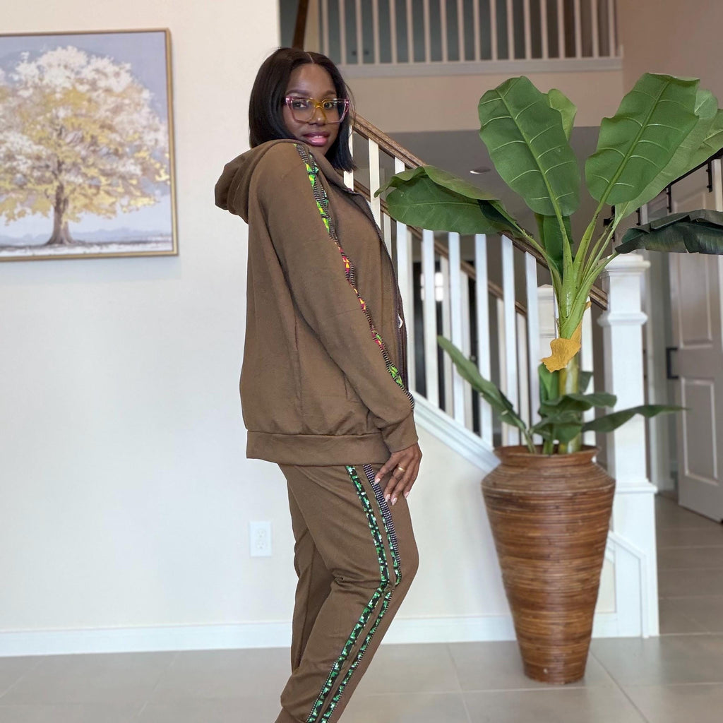 Ankara Trim Tracksuit Set, Brown Loungewear, Two-Piece Outfit