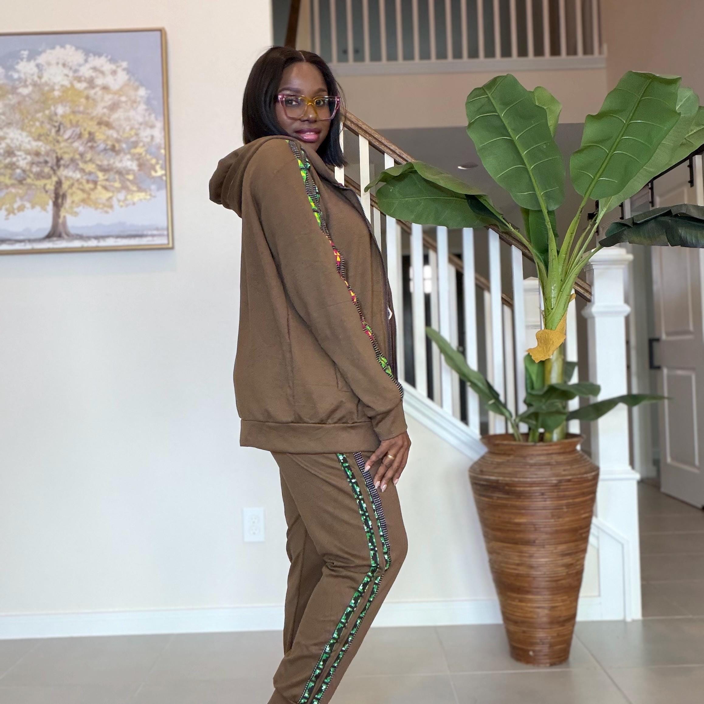 Ankara Trim Tracksuit Set, Brown Loungewear, Two-Piece Outfit