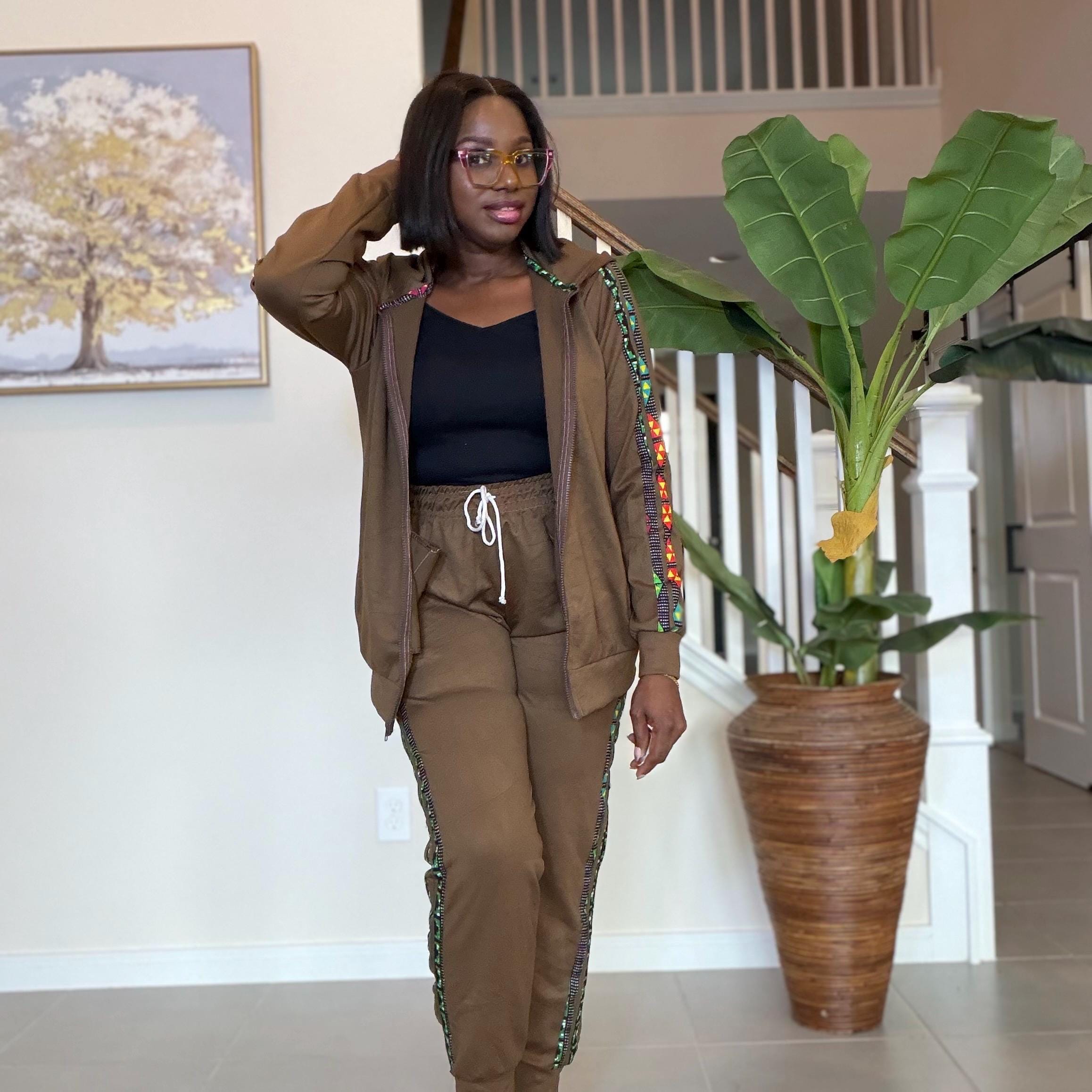 Ankara Trim Tracksuit Set, Brown Loungewear, Two-Piece Outfit