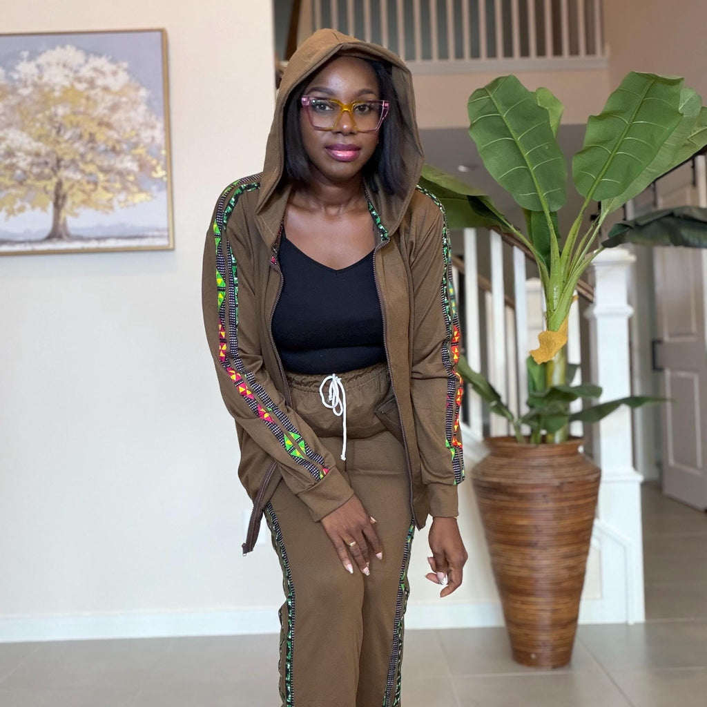 Ankara Trim Tracksuit Set, Brown Loungewear, Two-Piece Outfit