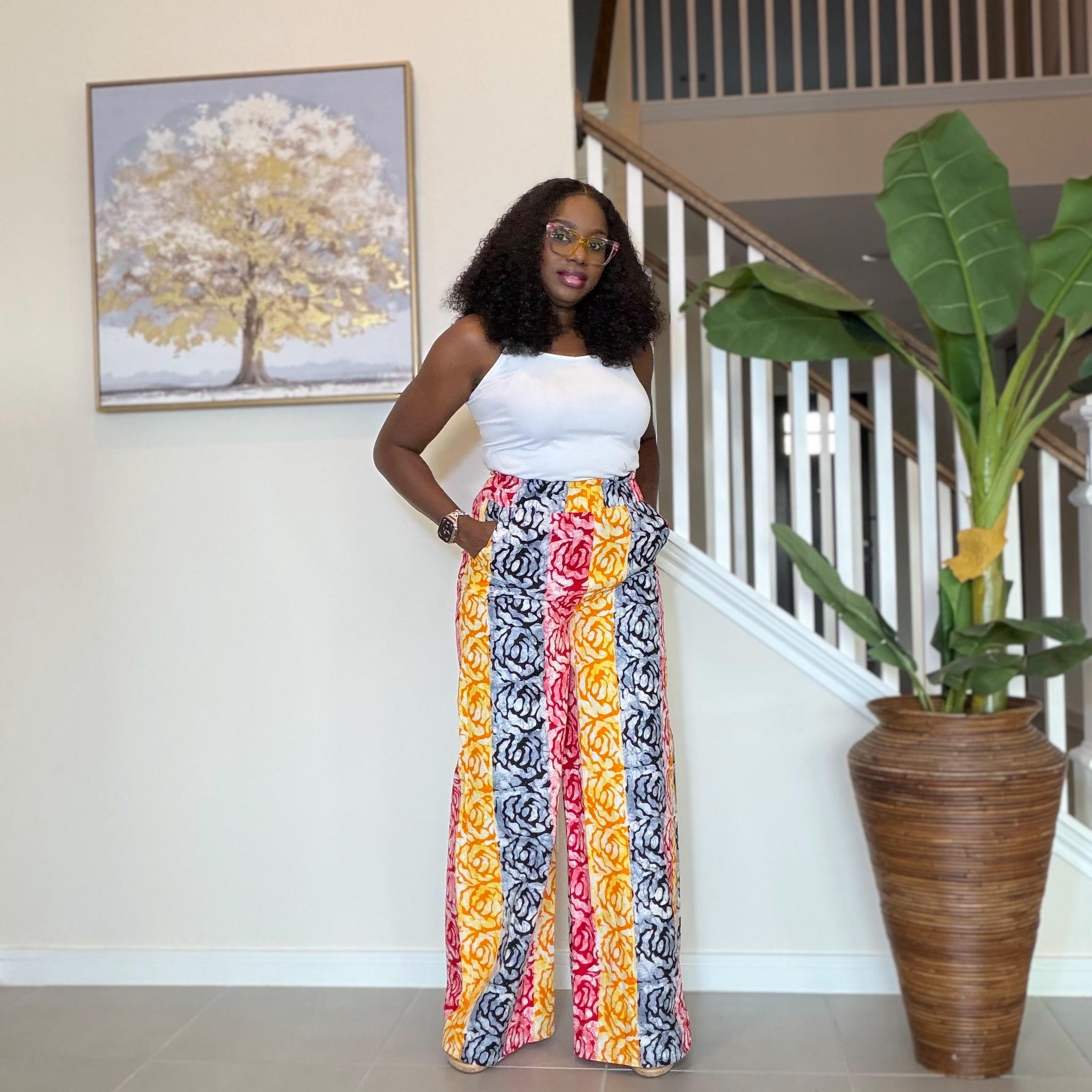 Ankara Wide Leg Pants for Women, African Print High Waist Trousers with Pockets, Colorful Batik Tie Waist Pants, Causal Boho Chic Outfit