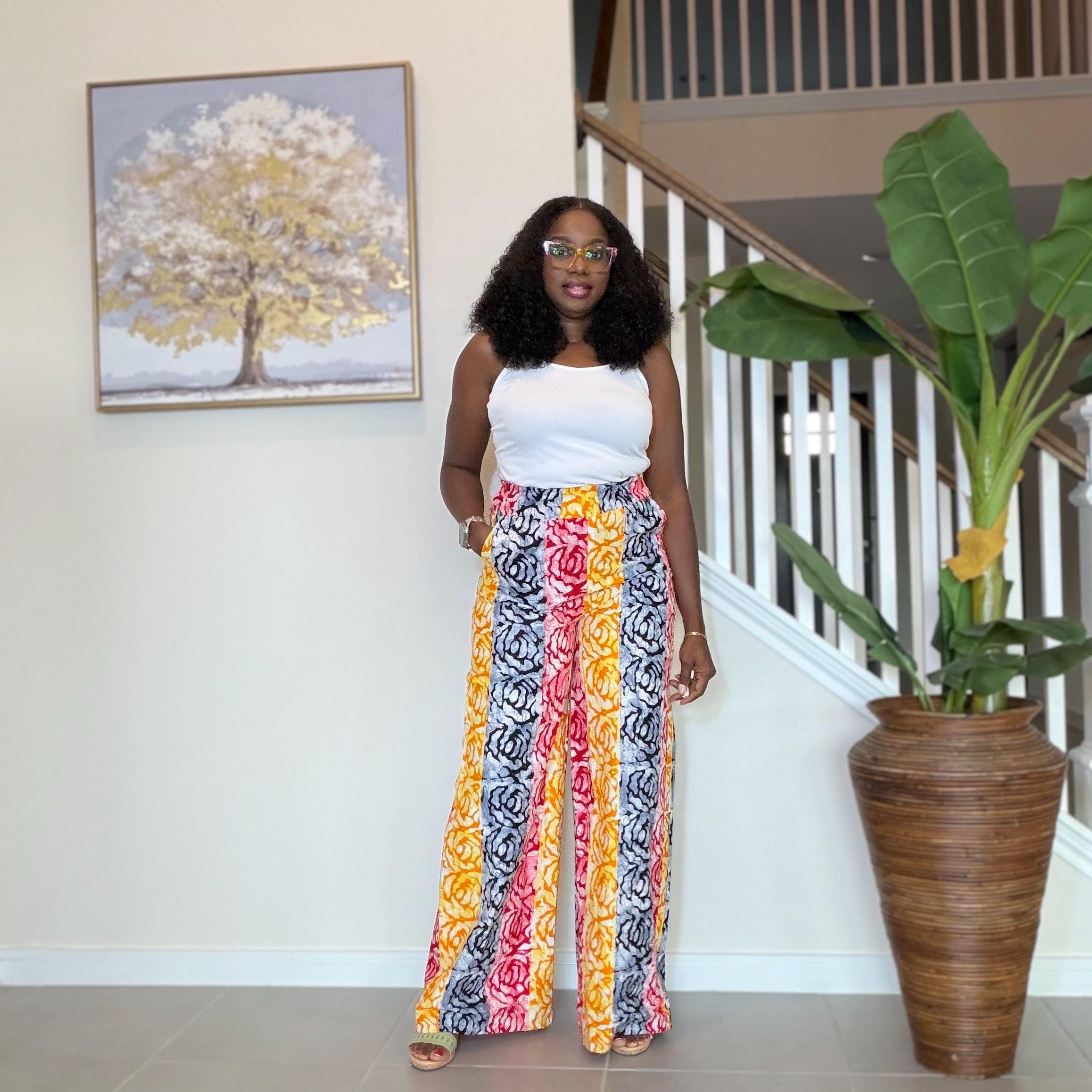 Ankara Wide Leg Pants for Women, African Print High Waist Trousers with Pockets, Colorful Batik Tie Waist Pants, Causal Boho Chic Outfit