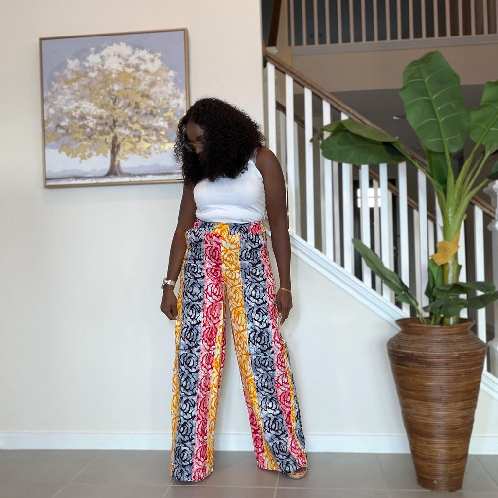 Ankara Wide Leg Pants for Women, African Print High Waist Trousers with Pockets, Colorful Batik Tie Waist Pants, Causal Boho Chic Outfit