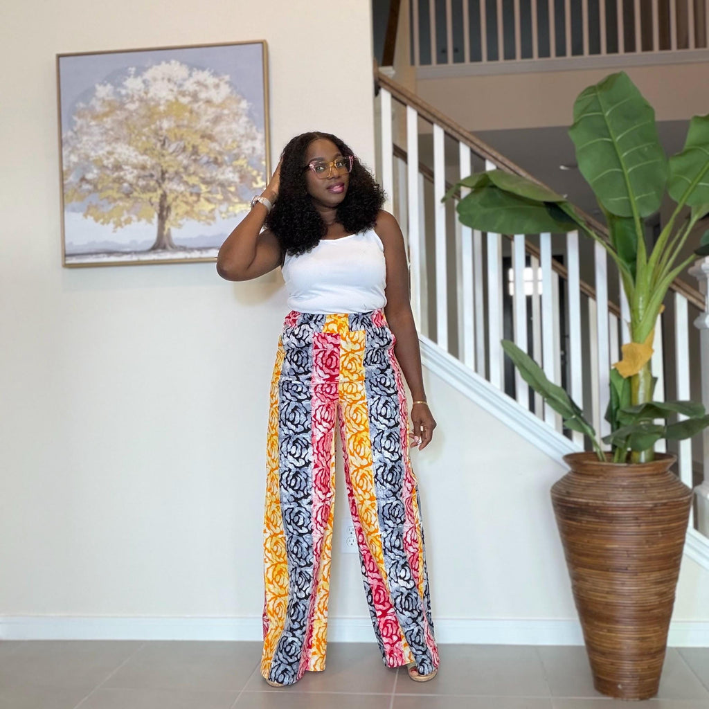 Ankara Wide Leg Pants for Women, African Print High Waist Trousers with Pockets, Colorful Batik Tie Waist Pants, Causal Boho Chic Outfit