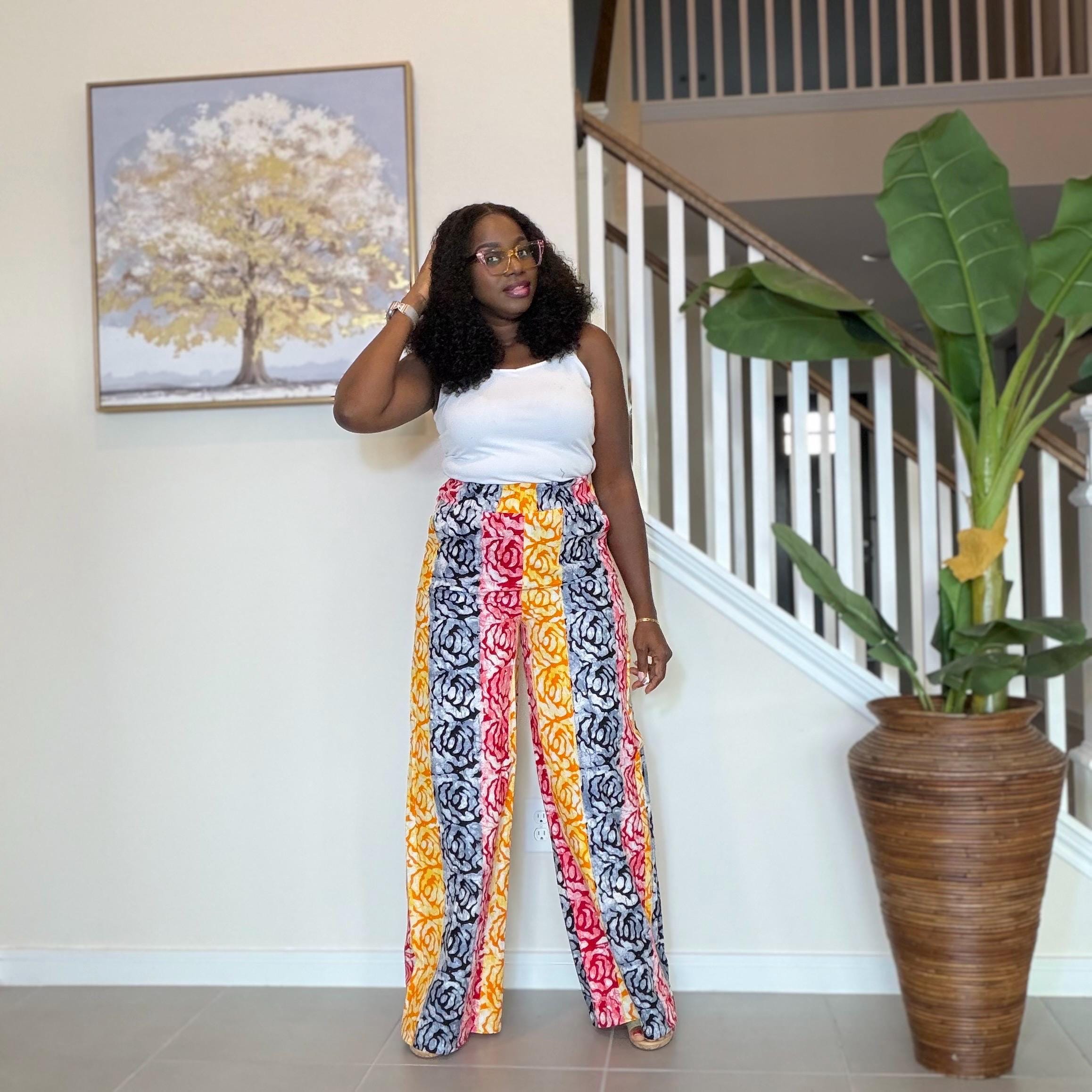 Ankara Wide Leg Pants for Women, African Print High Waist Trousers with Pockets, Colorful Batik Tie Waist Pants, Causal Boho Chic Outfit