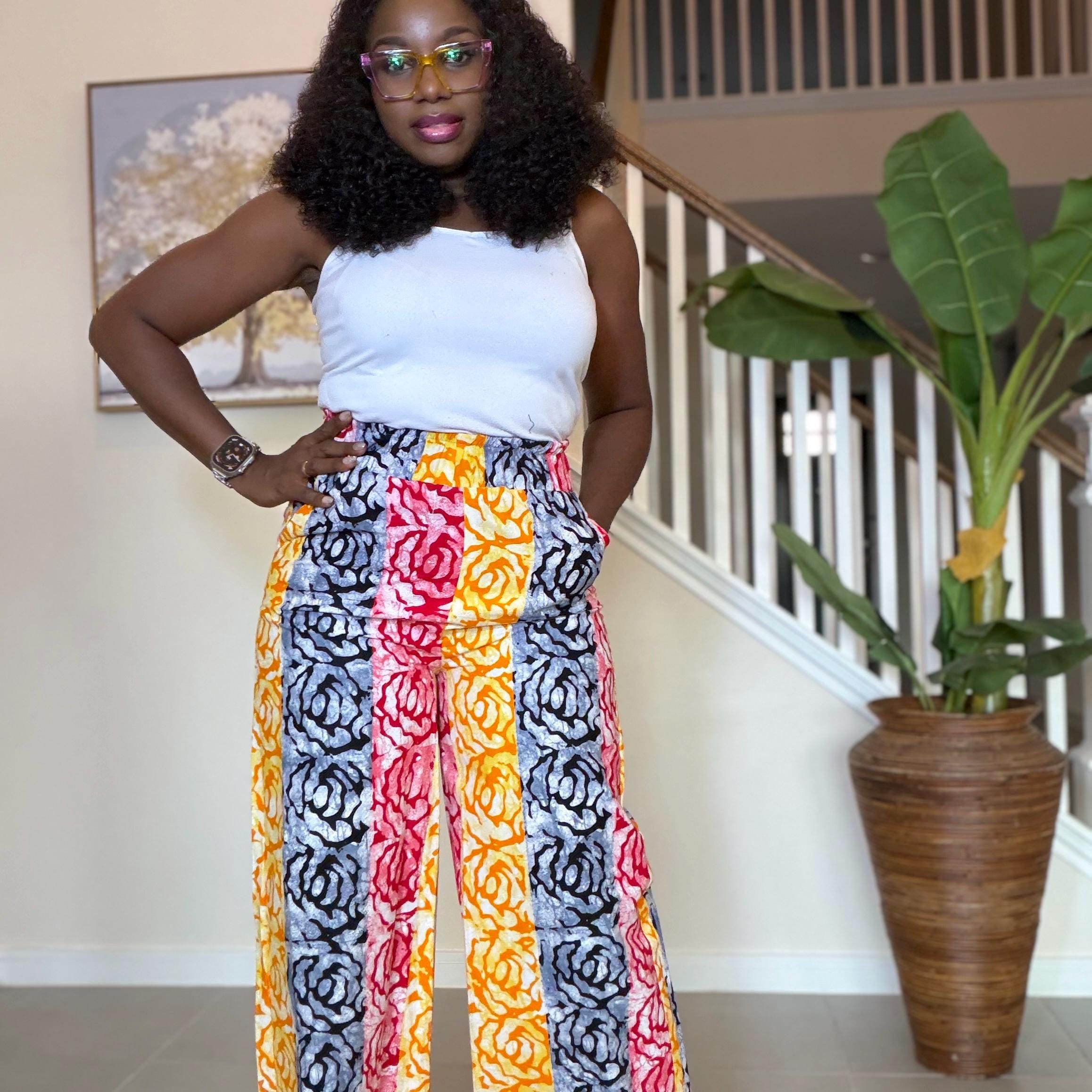 Ankara Wide Leg Pants for Women, African Print High Waist Trousers with Pockets, Colorful Batik Tie Waist Pants, Causal Boho Chic Outfit