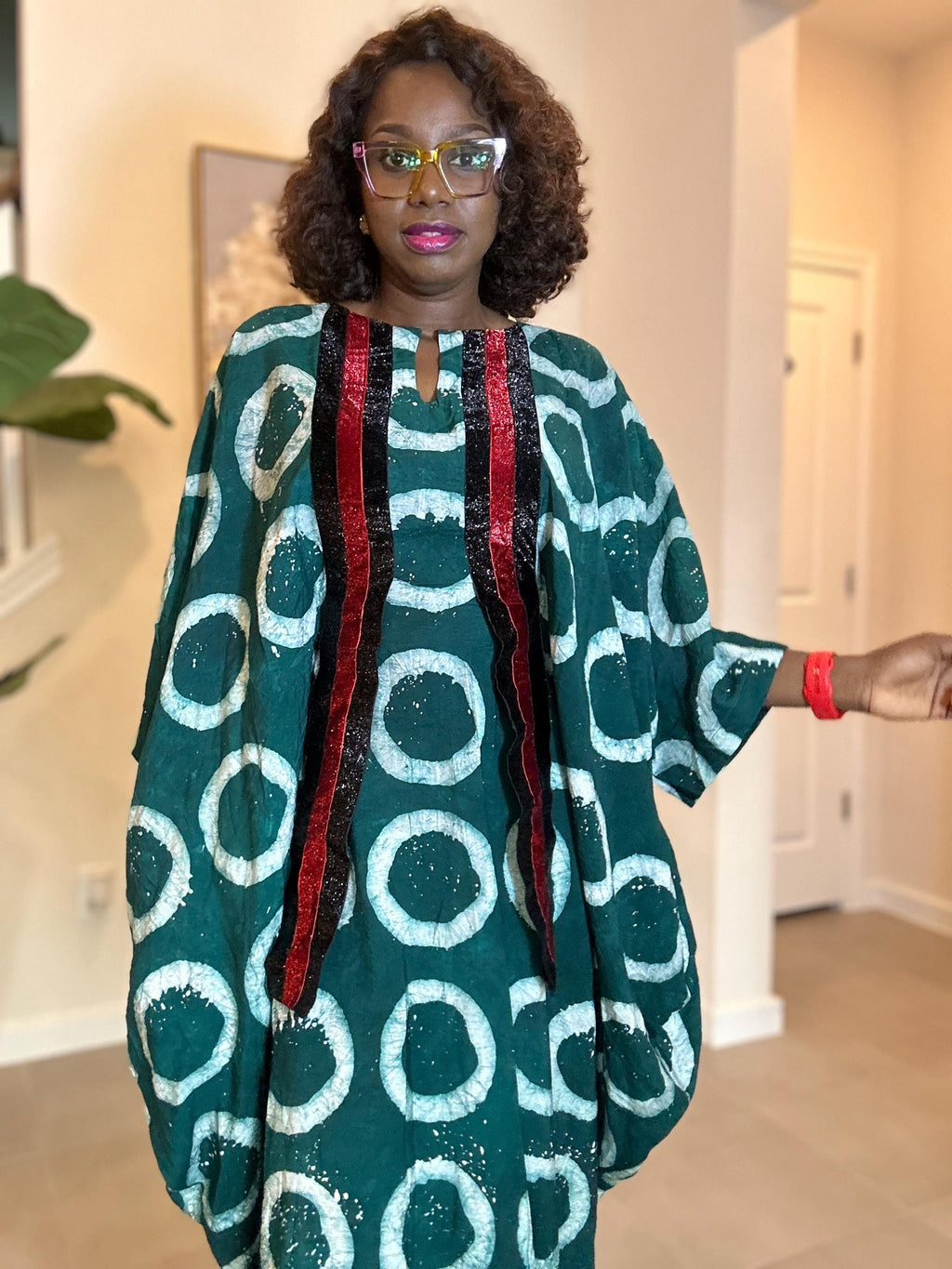 Handmade Green Adire Kaftan Dress, African Batik Maxi with Red Sequins