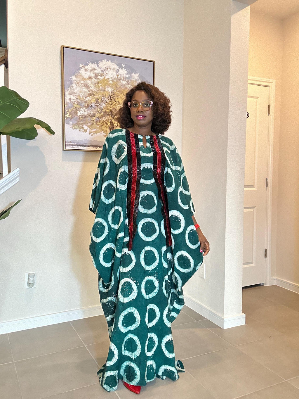 Handmade Green Adire Kaftan Dress, African Batik Maxi with Red Sequins