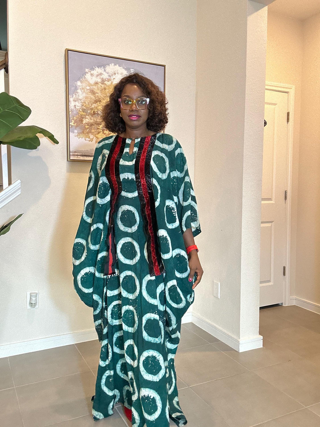 Handmade Green Adire Kaftan Dress, African Batik Maxi with Red Sequins