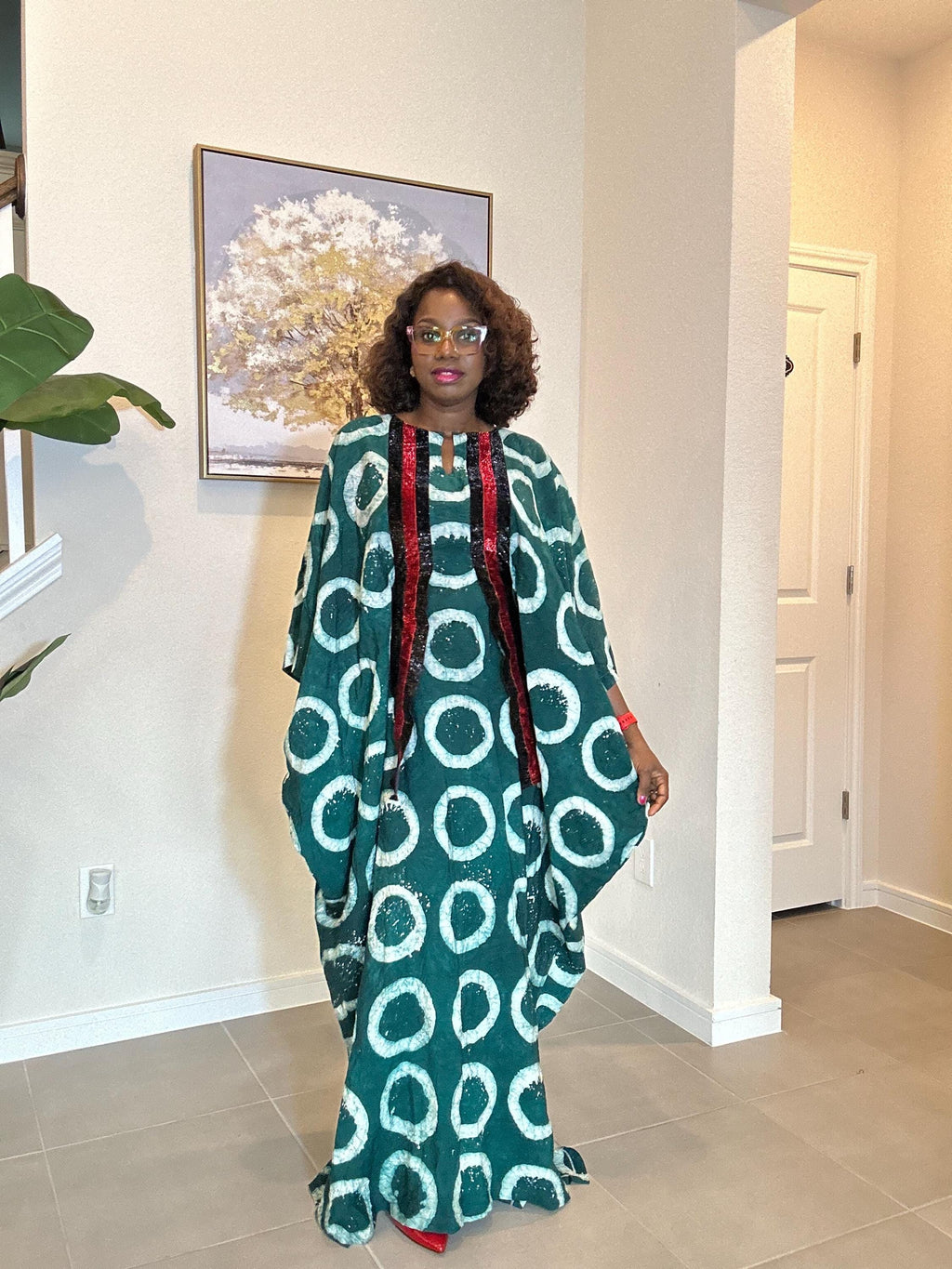 Handmade Green Adire Kaftan Dress, African Batik Maxi with Red Sequins