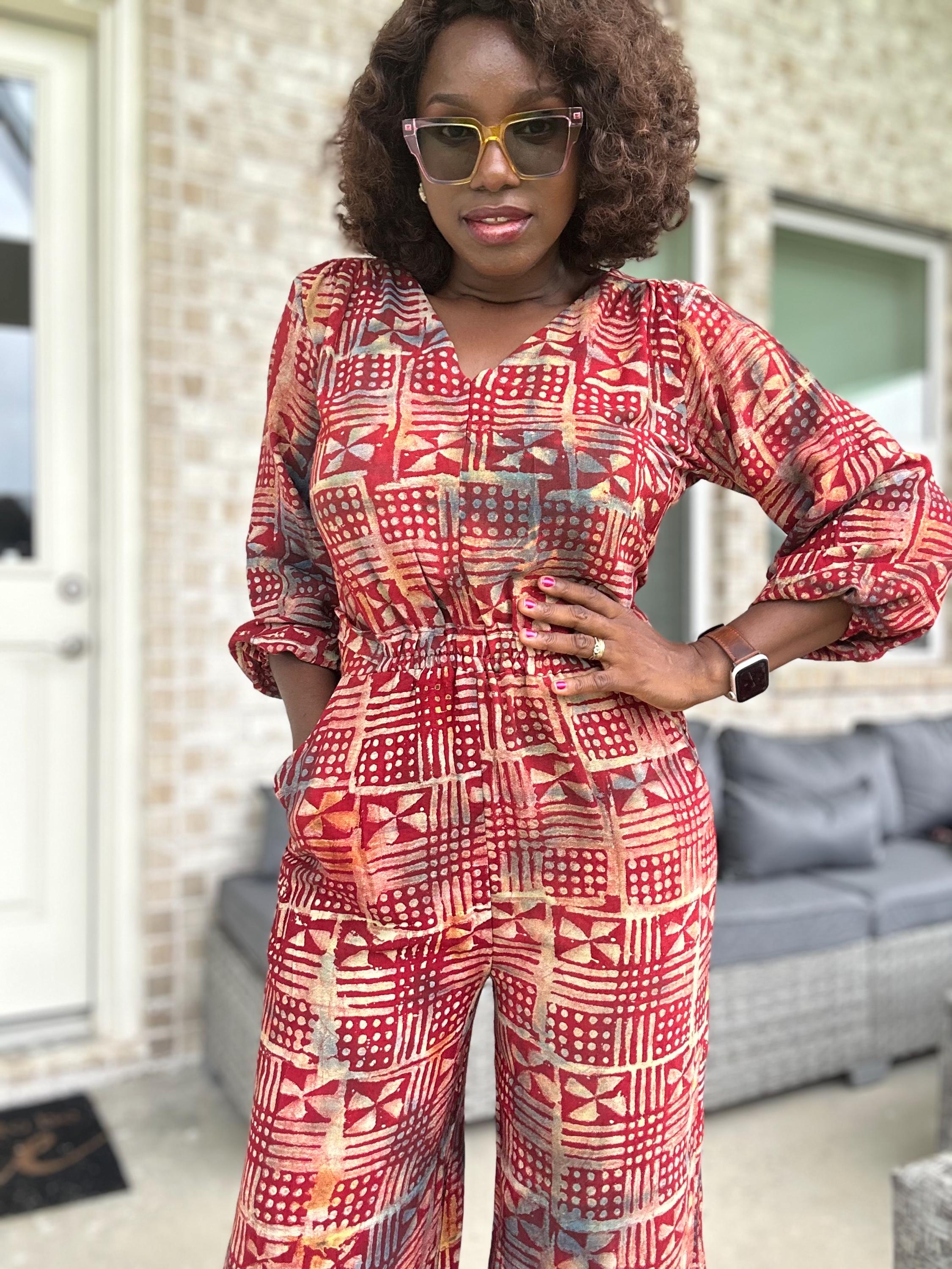 African Adire Jumpsuit | Vibrant Print, Wide-Leg Romper