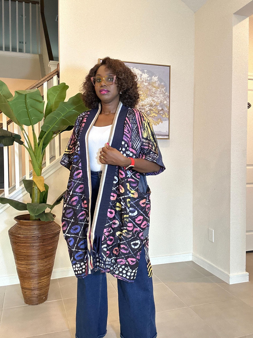 Adire Kimono Jacket | African Print Denim Robe, Open Front